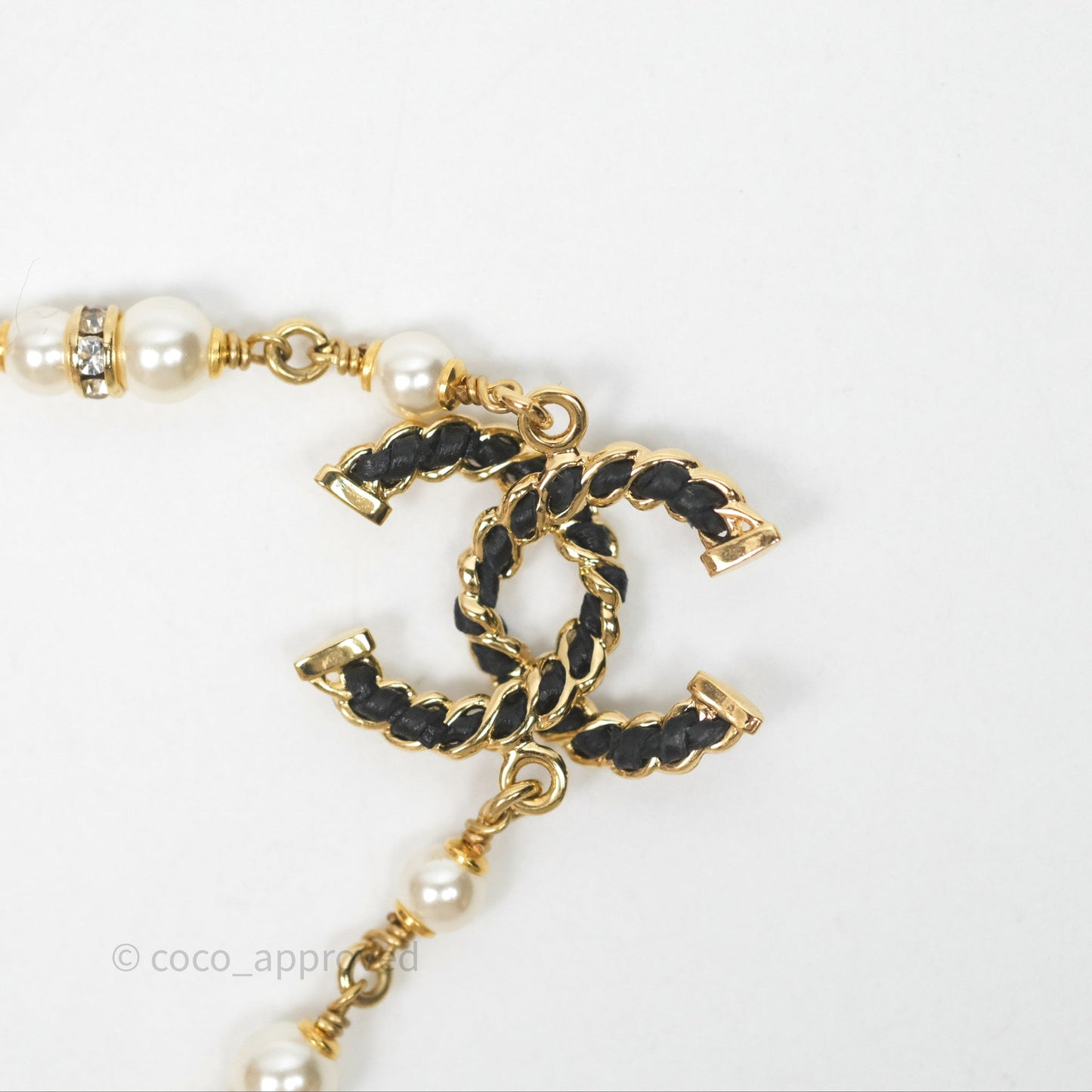 Chanel Black Leather CC Pearl Crystal Necklace Gold Tone 24K