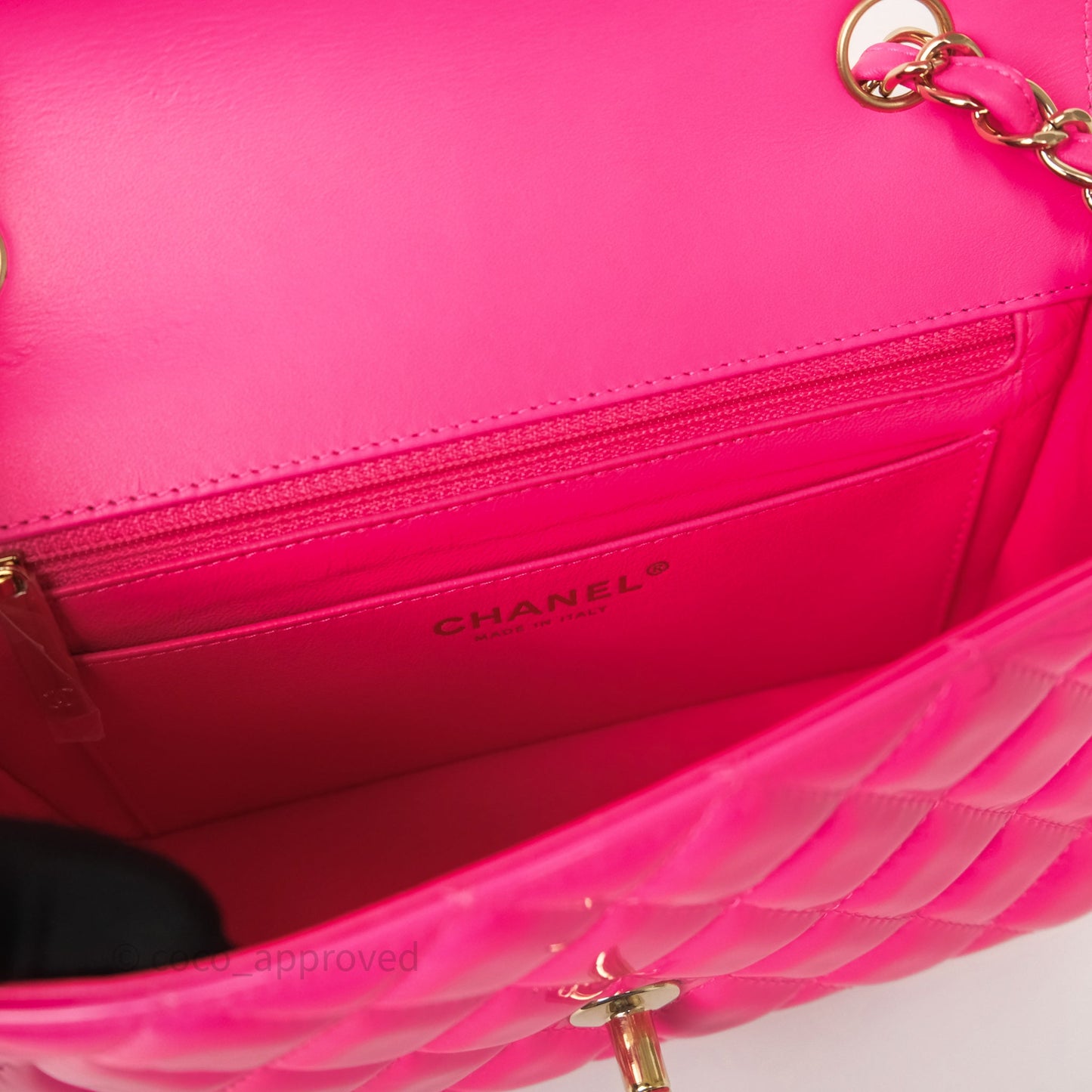 Chanel Quilted Mini Rectangular Flap Neo Pink Patent Gold Hardware