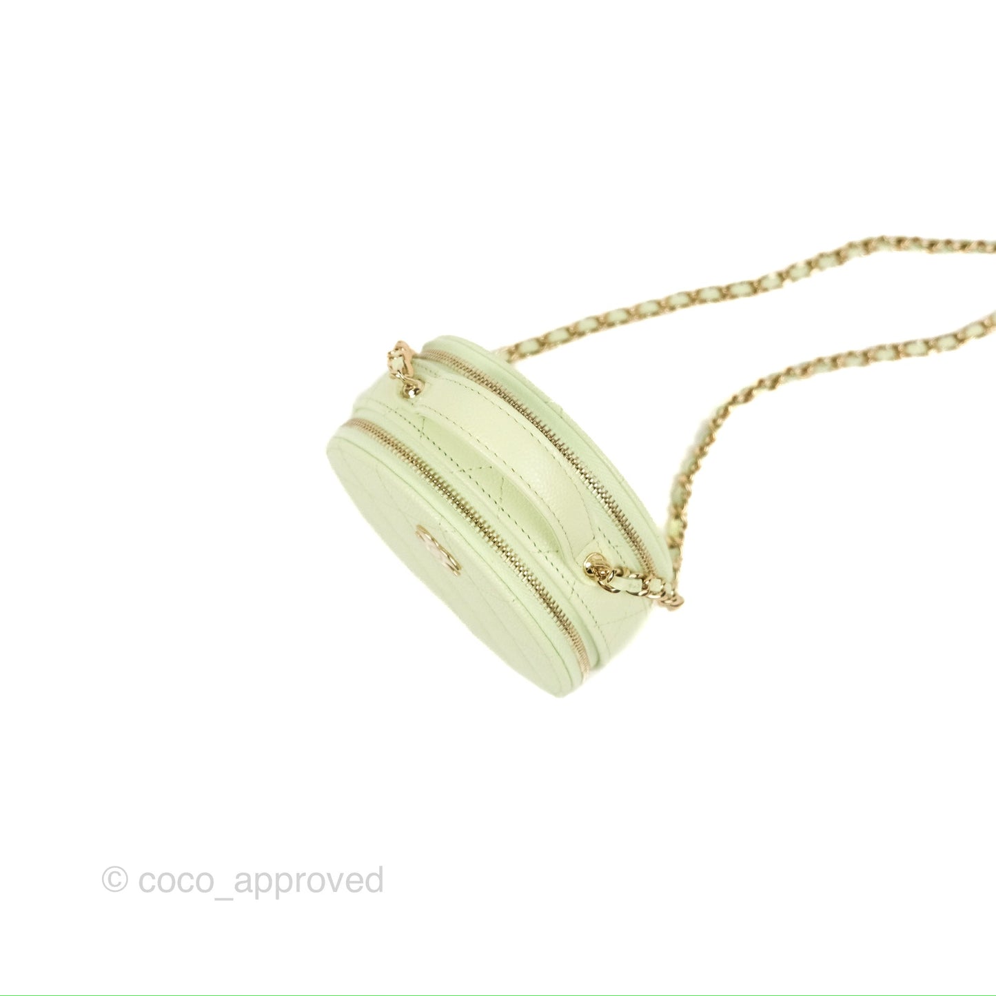 Chanel Mini Round Vanity Bag Handle With Care Light Green Caviar 22C