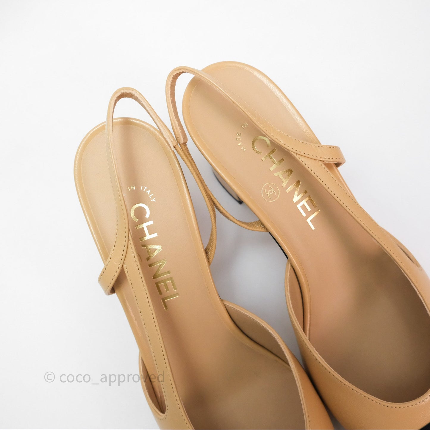 Chanel Classic Slingback Beige Black Leather Size 38