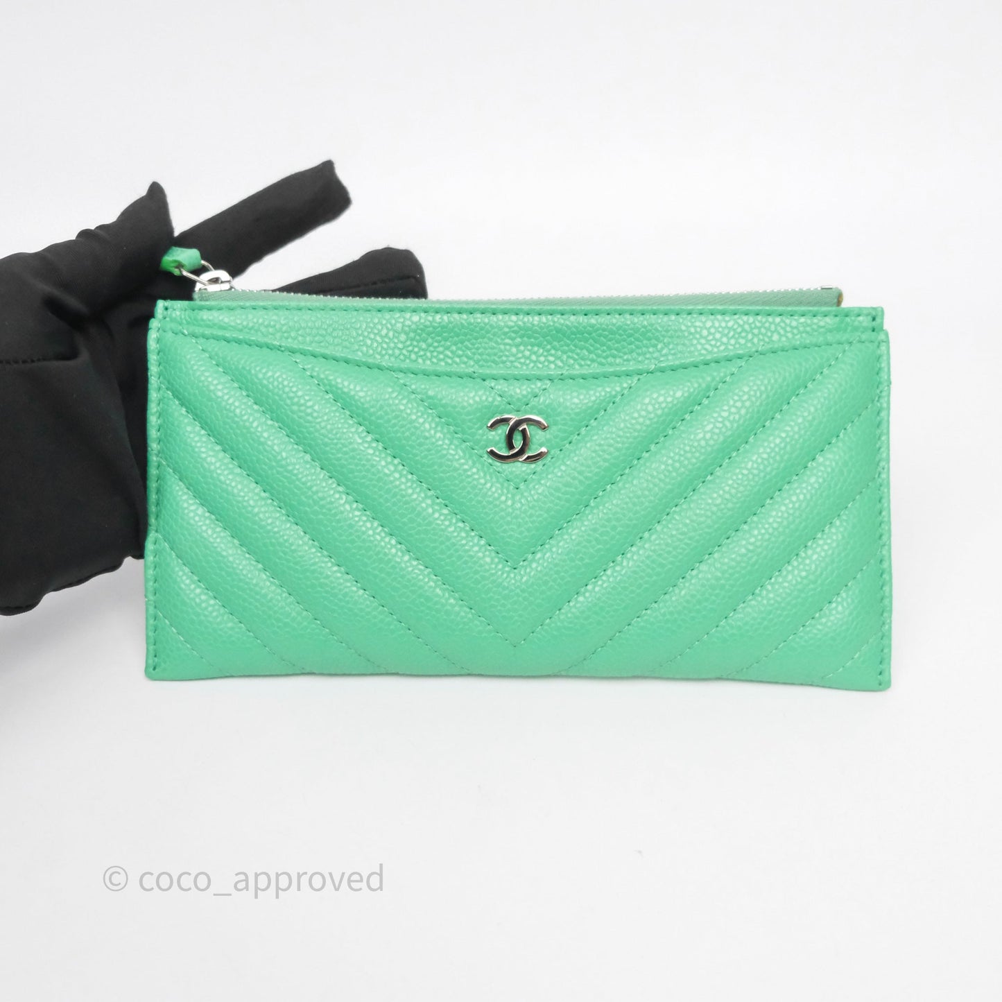 Chanel Long Zip Chevron Green Wallet Silver Hardware