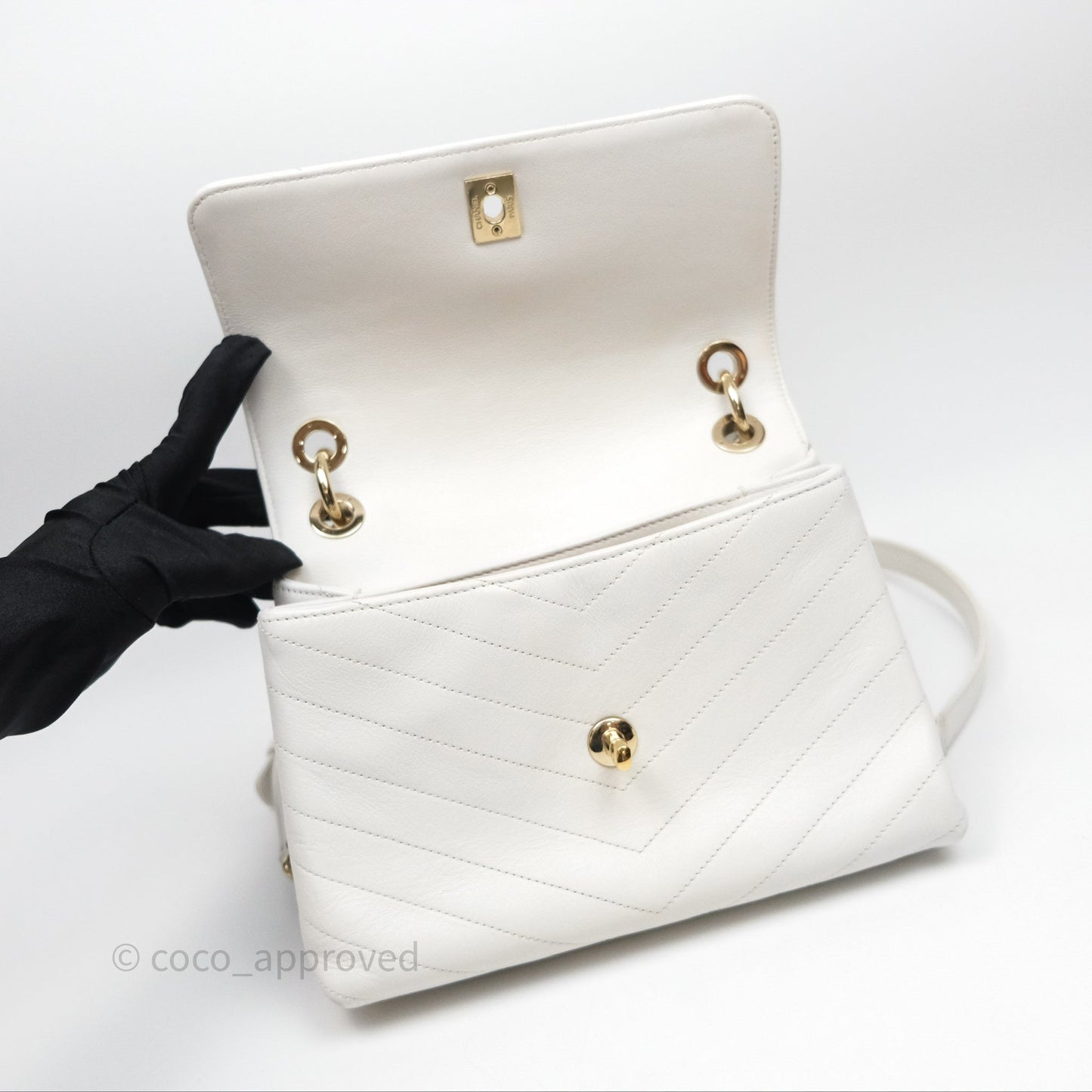 Chanel Small Chevron Chic Top Handle Flap White Calfskin Gold Hardware