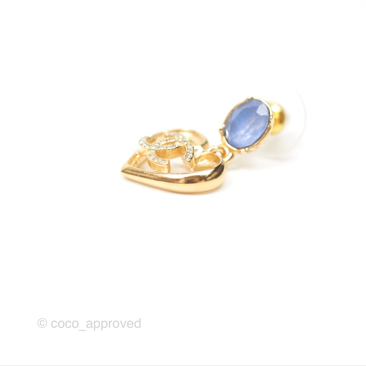 Chanel Oval Blue Resin Heart CC Drop Earrings Gold Tone 23C