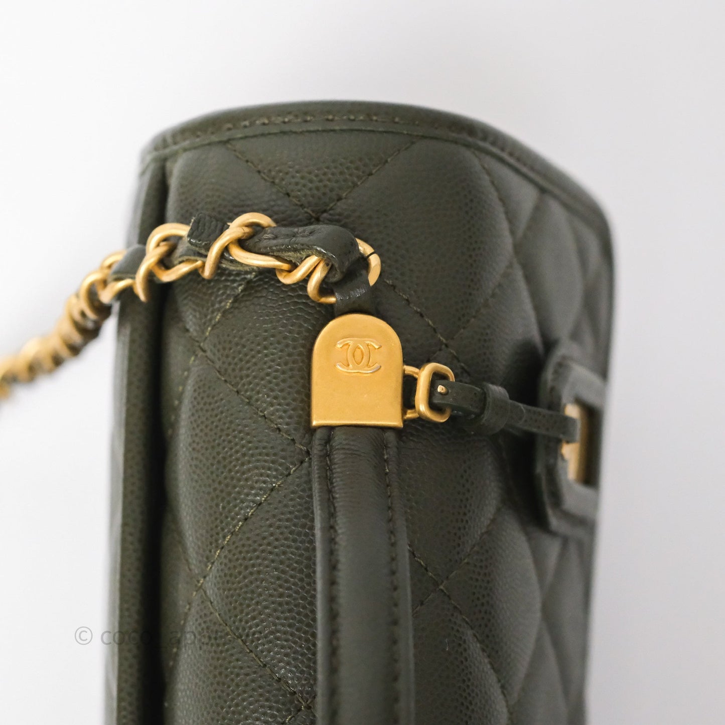 Chanel School Memory Top Handle Flap Army Green Caviar Aged Gold Hardware