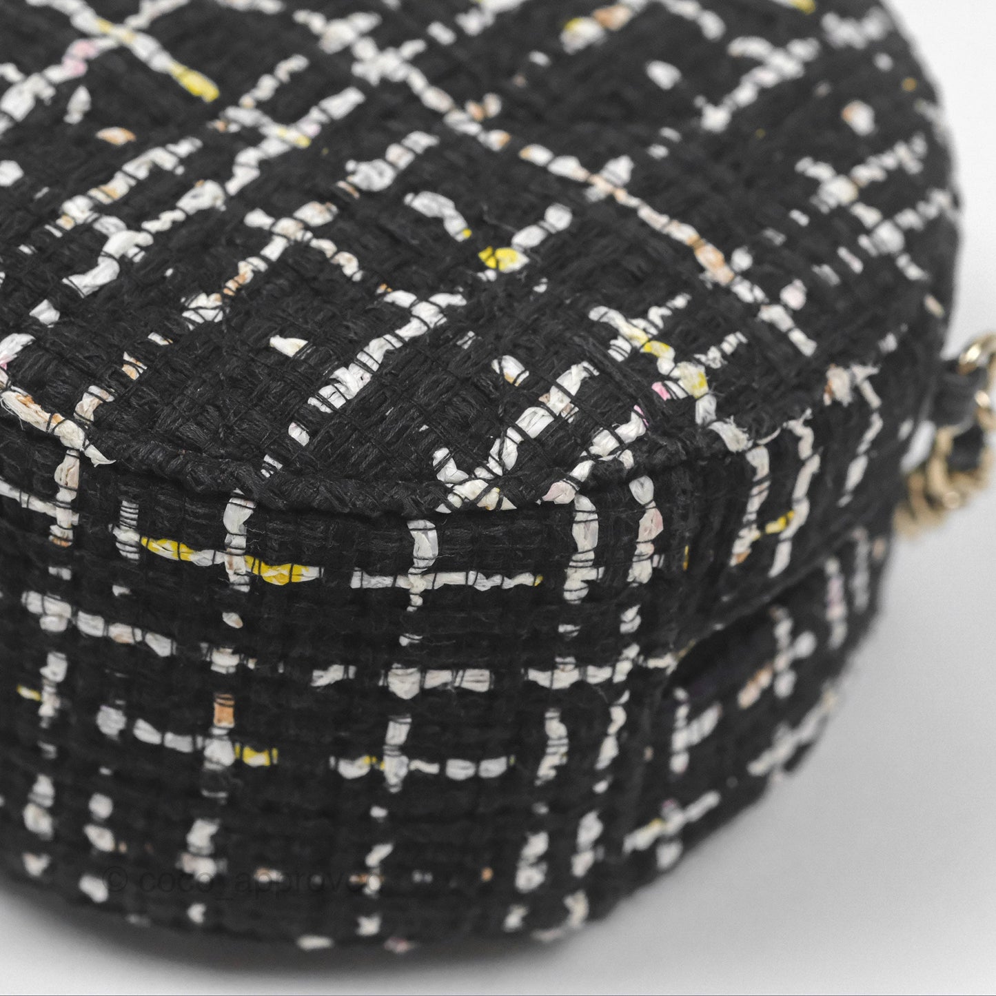 Chanel Classic Quilted Round Clutch With Chain Black Tweed Gold Hardware
