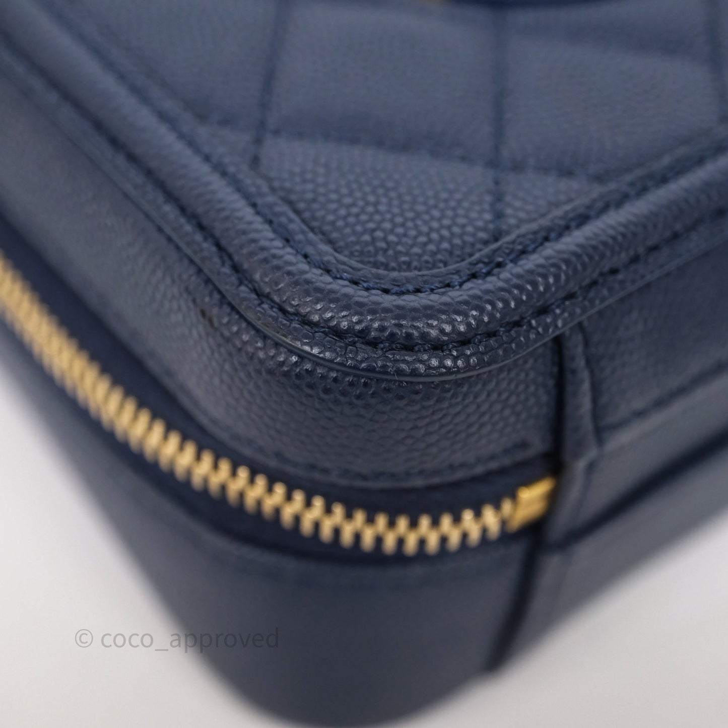Chanel Quilted Small CC Filigree Vanity Case Navy Caviar Gold Hardware