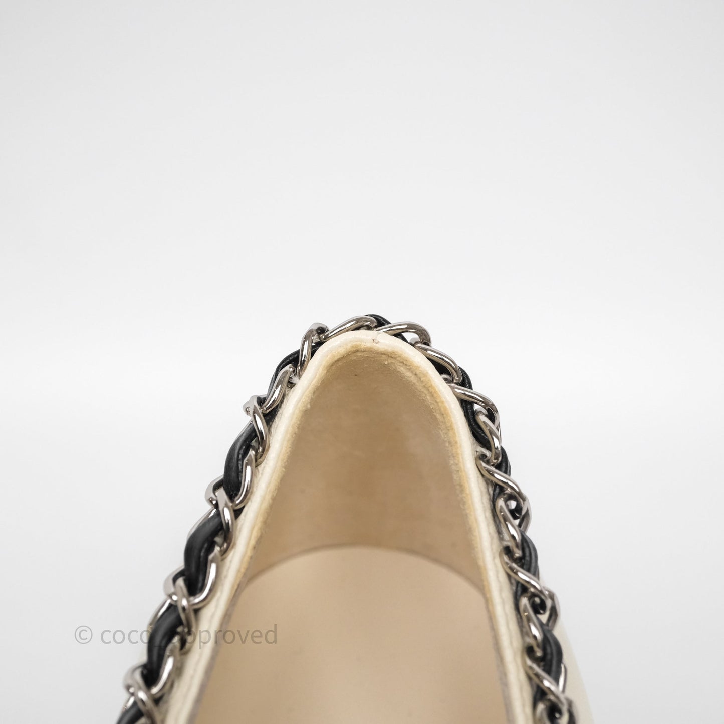 Chanel Classic Heels White With Black Leather Chain Size 36.5