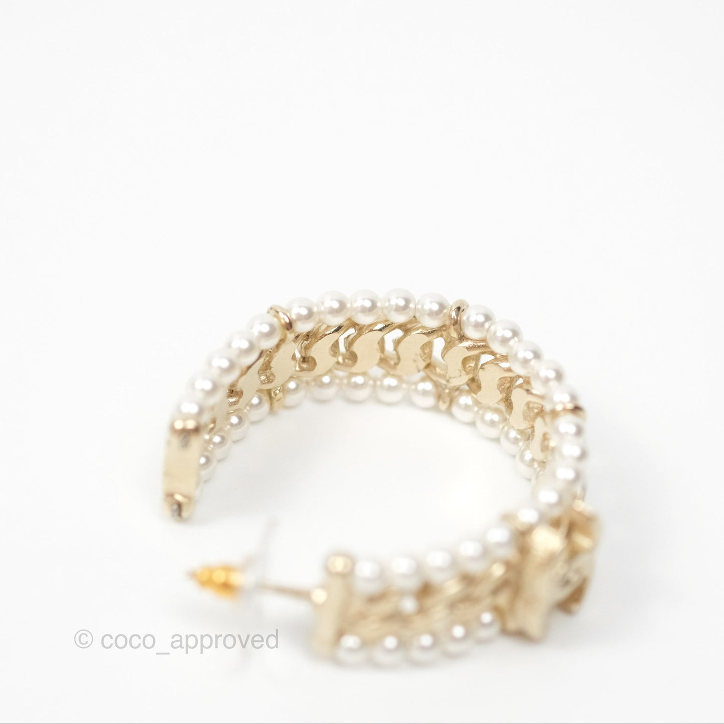 Chanel CC Pearl Hoop Earrings Gold Tone 20C