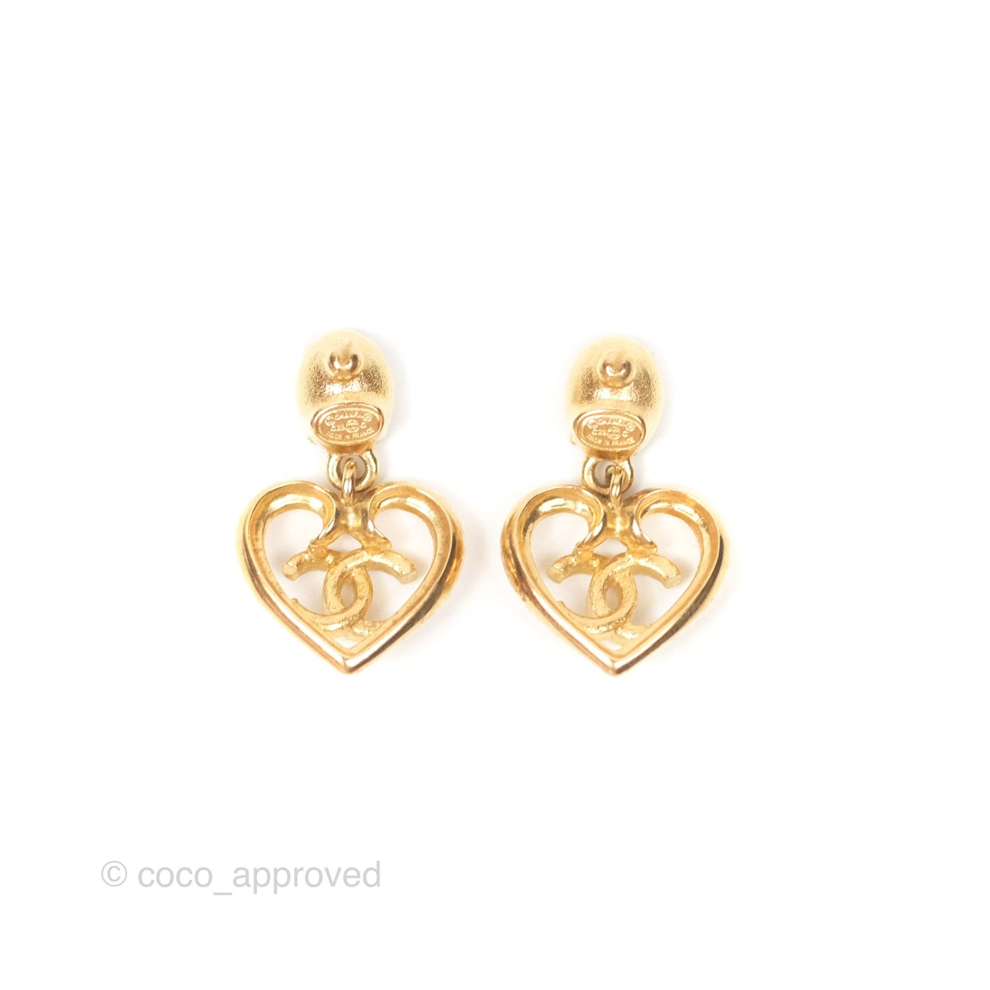 Chanel Oval Blue Resin Heart CC Drop Earrings Gold Tone 23C