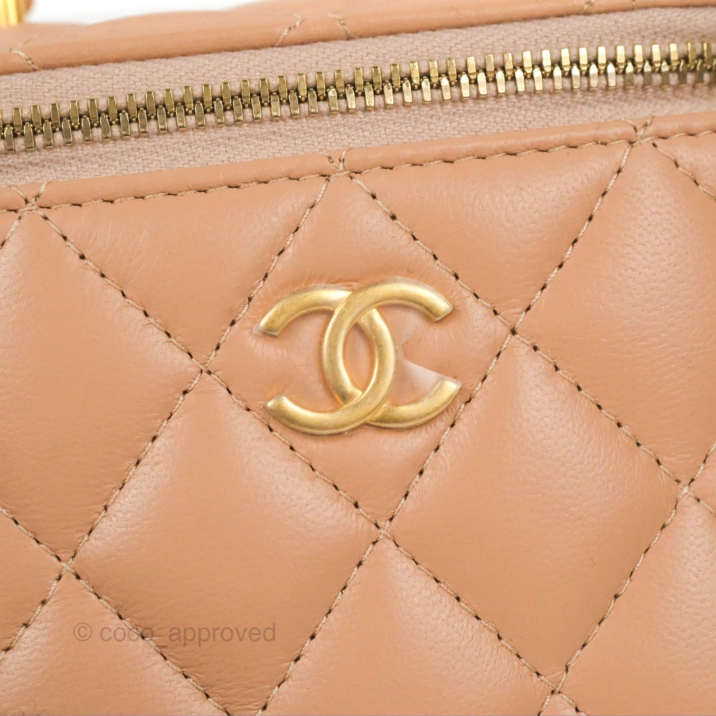 Chanel Mini Top Handle Vanity With Chain Beige Lambskin Aged Gold Hardware