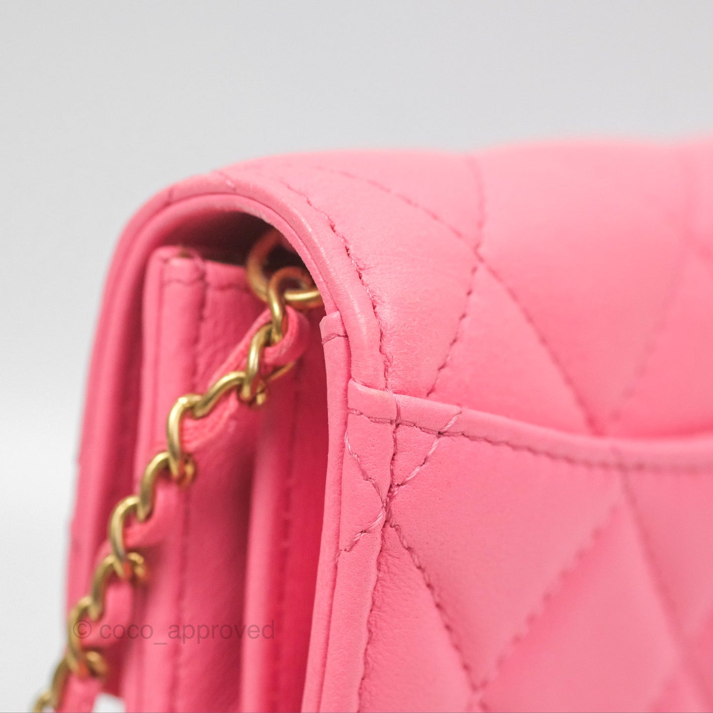 Chanel Pearl Crush Mini Clutch With Chain Pink Lambskin Aged Gold Hardware