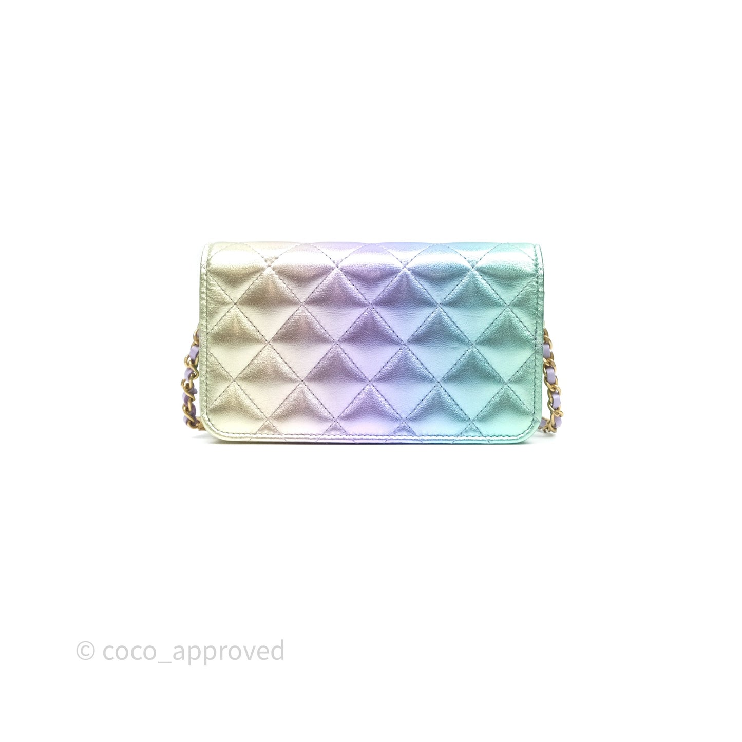 Chanel Quilted Phone Holder with Chain Metallic Rainbow Lambskin Aged Gold Hardware 24C