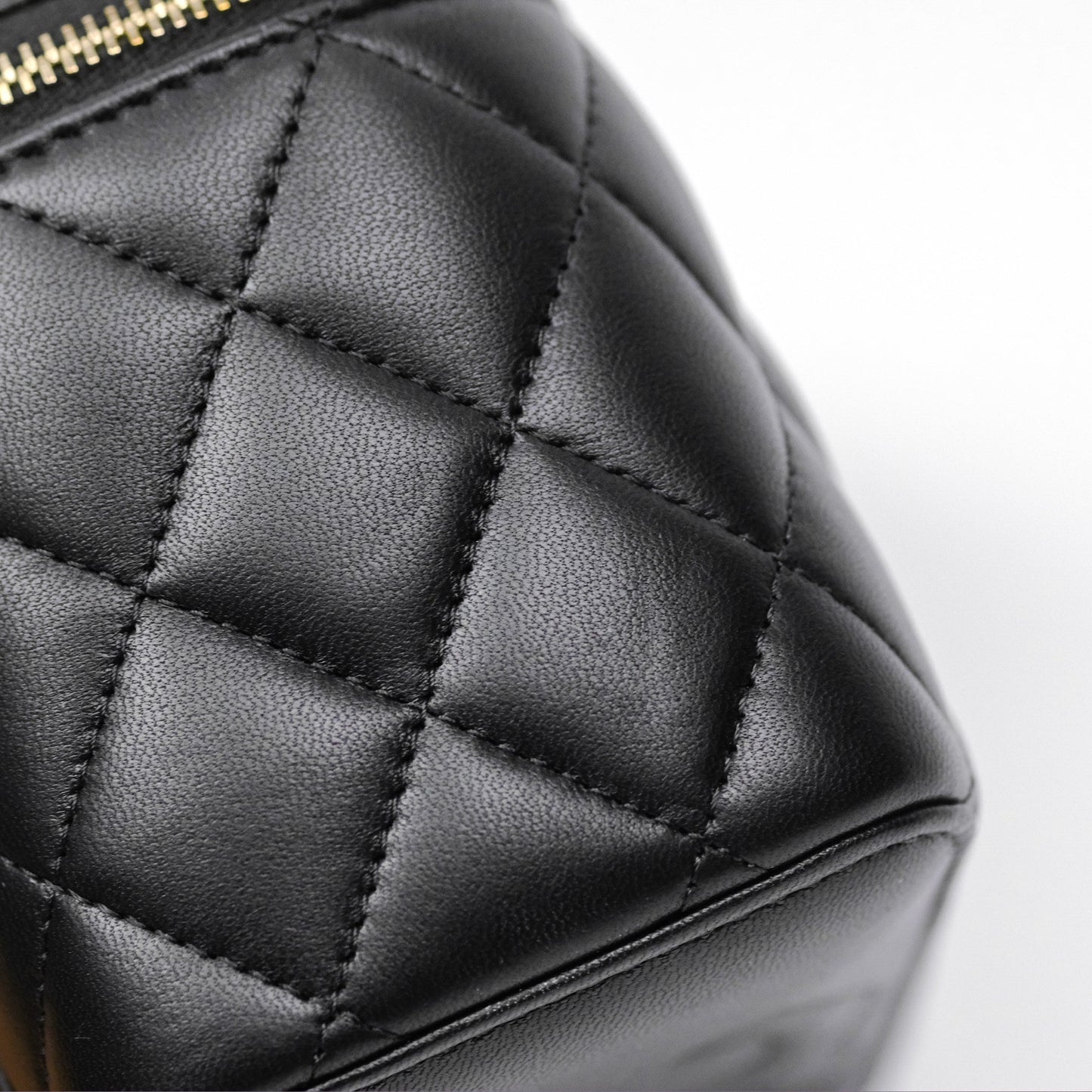 Chanel Quilted Vanity Rectangular with Camellia Adjustable Chain Black Lambskin 23S