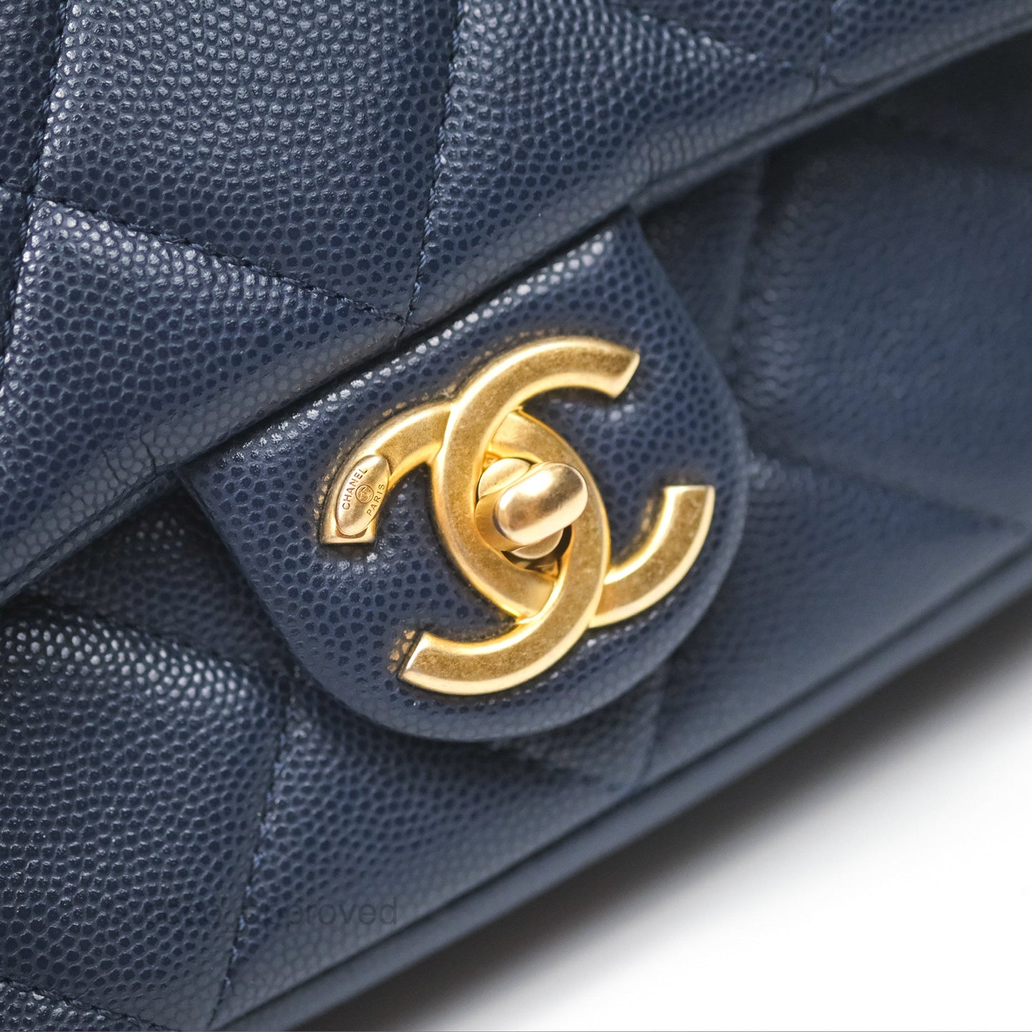 Chanel Mini Flap with Coin Charm Navy Caviar Aged Gold Hardware 22A
