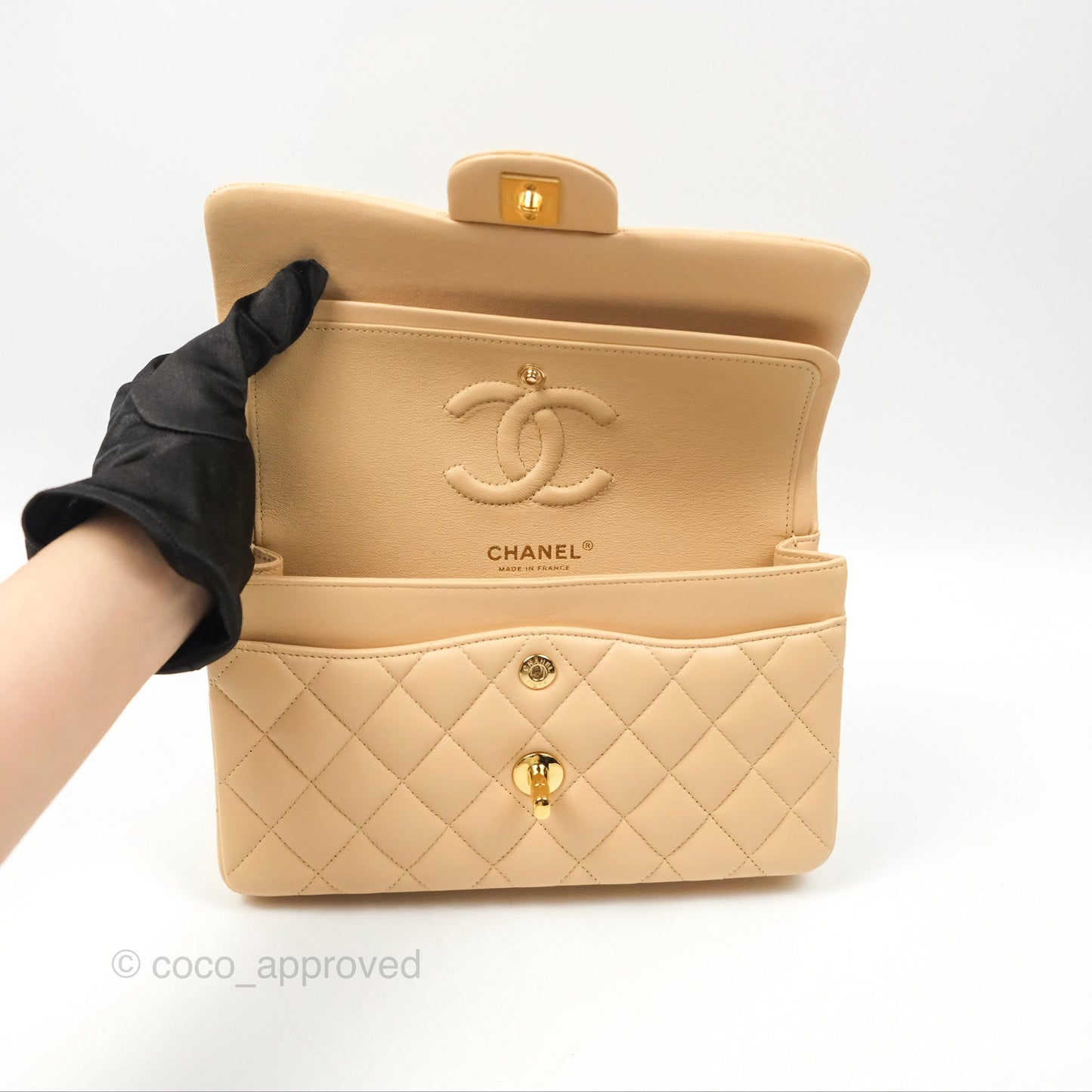Chanel Small Quilted Classic Flap Beige Lambskin Gold Hardware