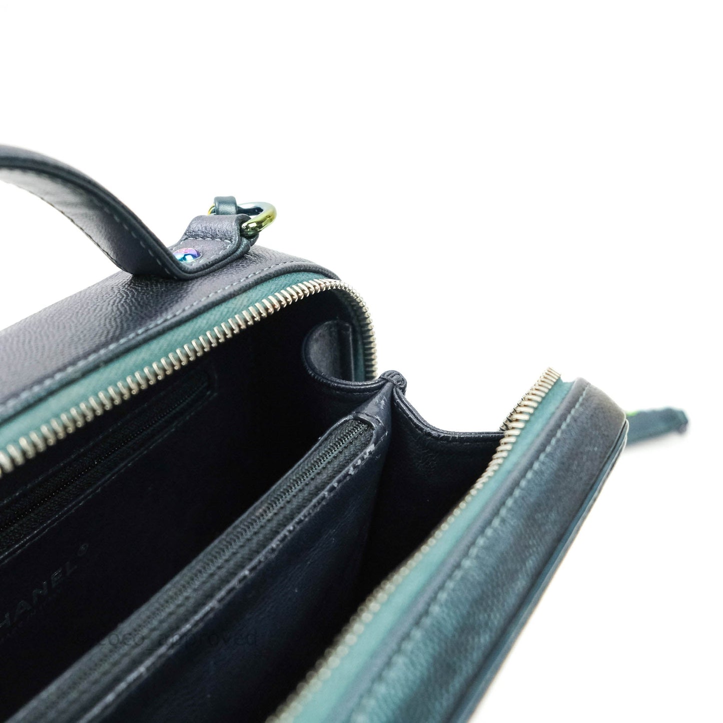 Chanel Quilted Medium CC Filigree Vanity Case Iridescent Dark Turquoise Caviar Rainbow Hardware