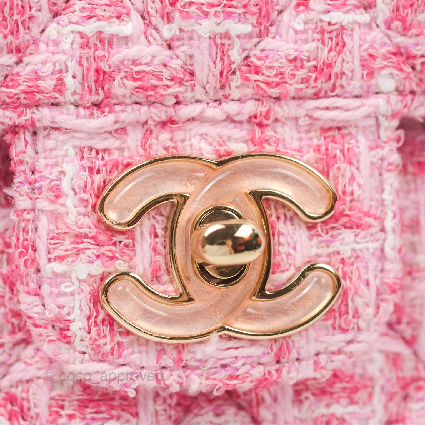 Chanel Flap Bag with Heart Resin Charm Chain Pink Tweed Gold Hardware