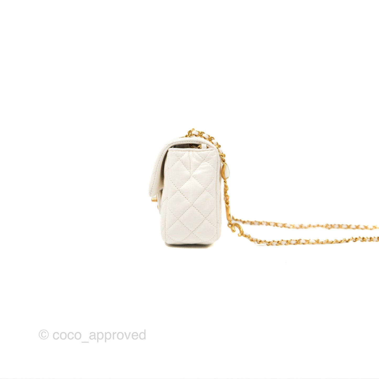 Chanel Mini Flap Bag with Coco Heart Chain White Lambskin Aged Gold Hardware