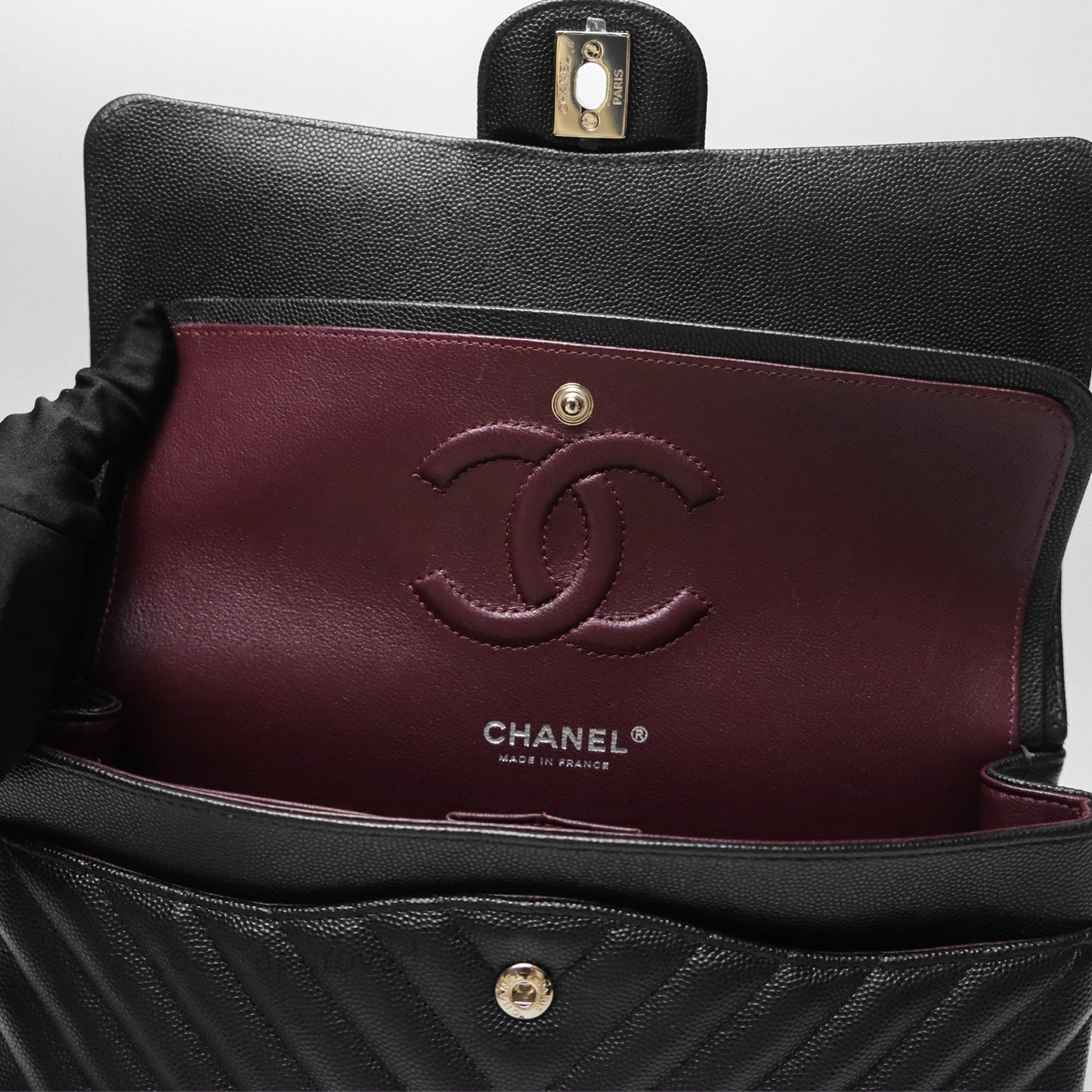 Chanel Classic M/L Medium Flap Chevron Black Caviar Silver Hardware