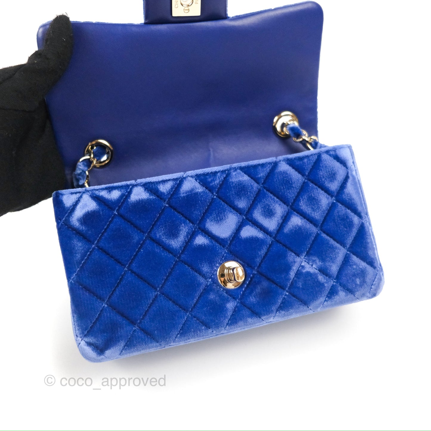 Chanel Quilted Mini Rectangular Flap Blue Velvet Gold Hardware