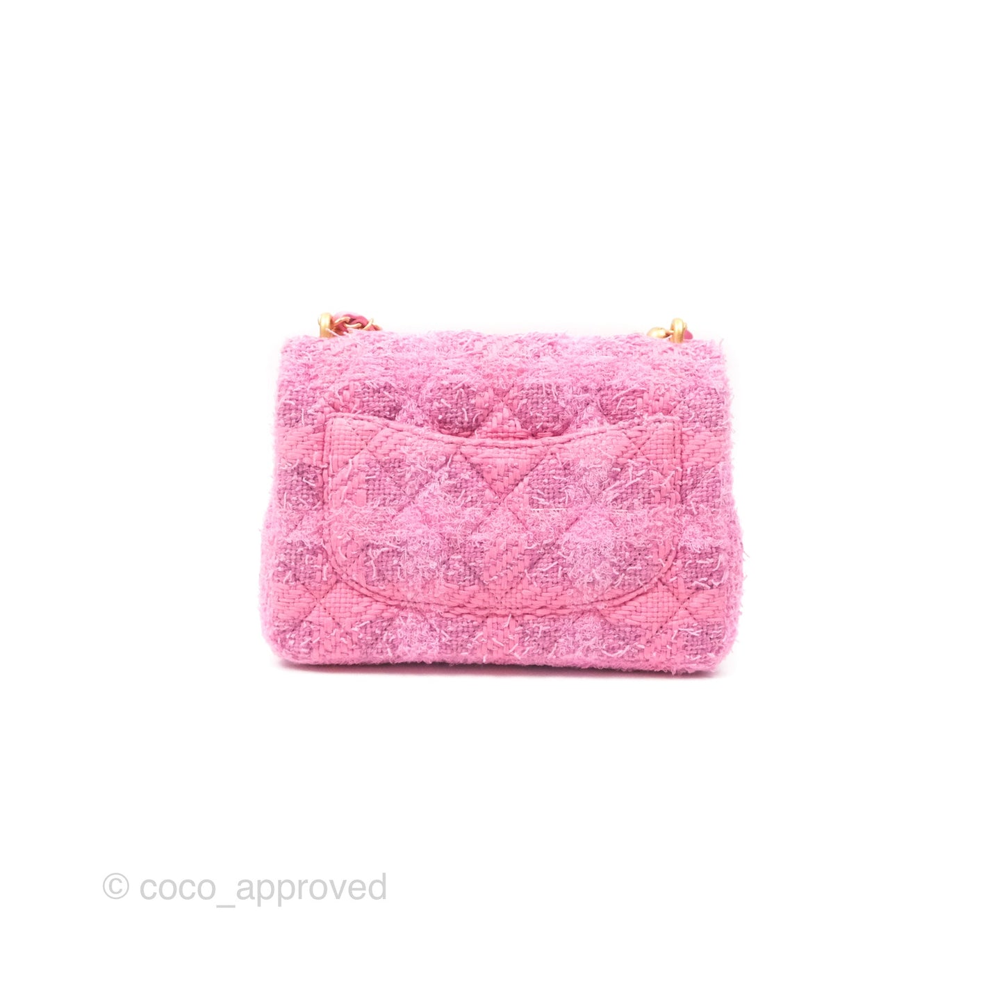 Chanel Mini Flap Bag with Pearl Chain Pink Tweed Aged Gold Hardware