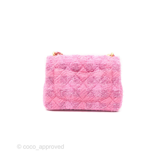 Chanel Mini Flap Bag with Pearl Chain Pink Tweed Aged Gold Hardware