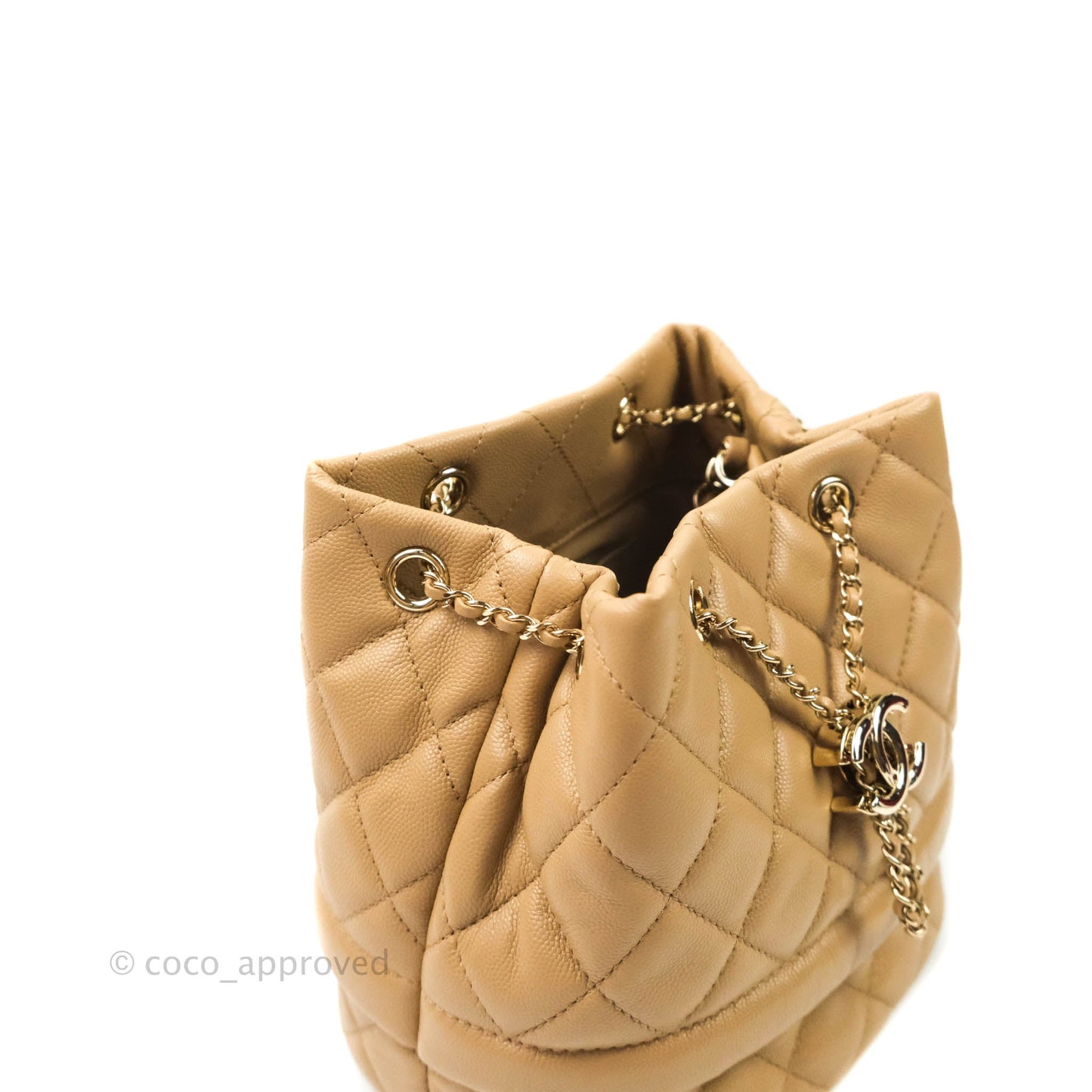 Chanel Caviar Quilted Rolled Up Bucket Drawstring Bag Beige Gold Hardware