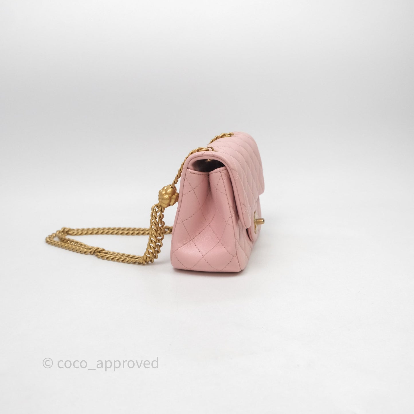 Chanel Quilted Mini Square Flap with Camellia Adjustable Chain Pink Clair Lambskin