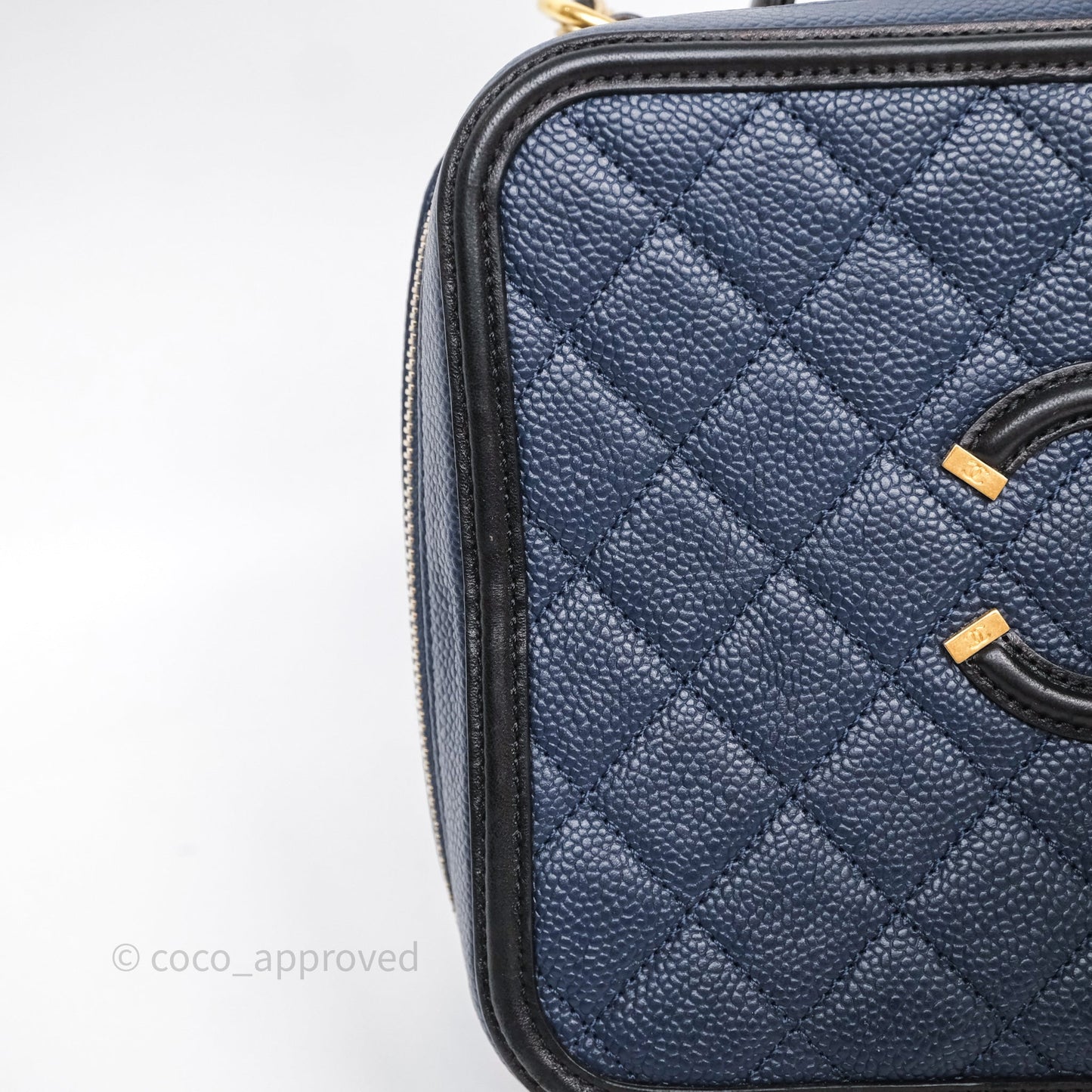 Chanel Quilted Large CC Filigree Vanity Case Navy Black Caviar Aged Gold Hardware