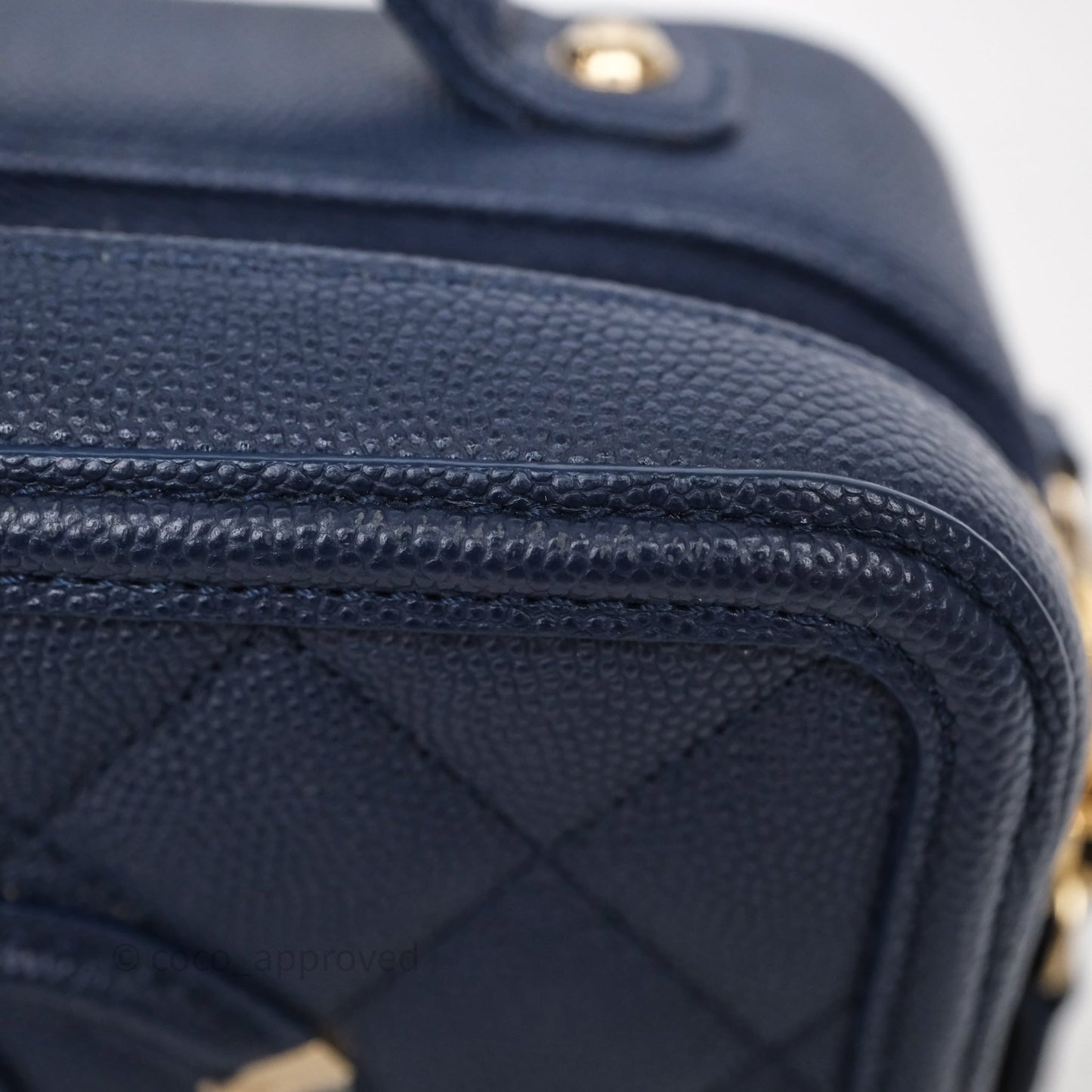 Chanel Quilted Small CC Filigree Vanity Case Navy Caviar Gold Hardware