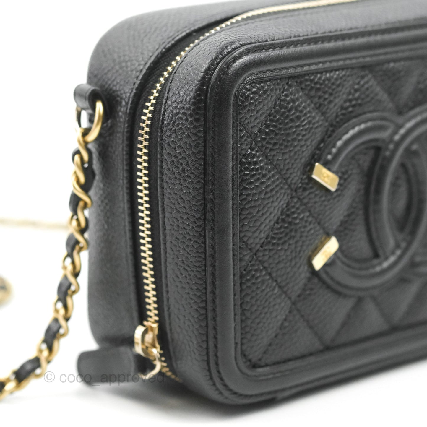 Chanel CC Filigree Vanity Clutch With Chain Caviar Black Aged Gold Hardware