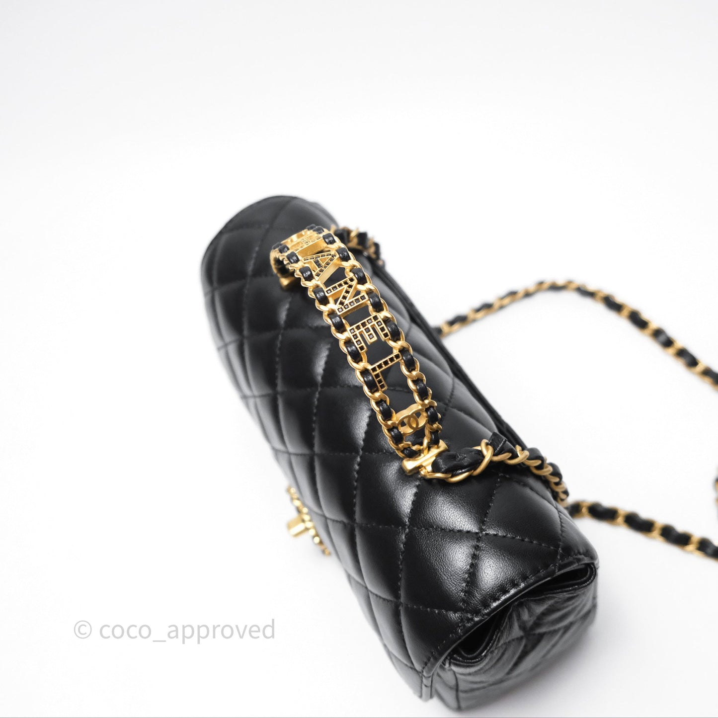 Chanel Flap Bag with Crystal Logo Top Handle Black Lambskin Aged Gold Hardware