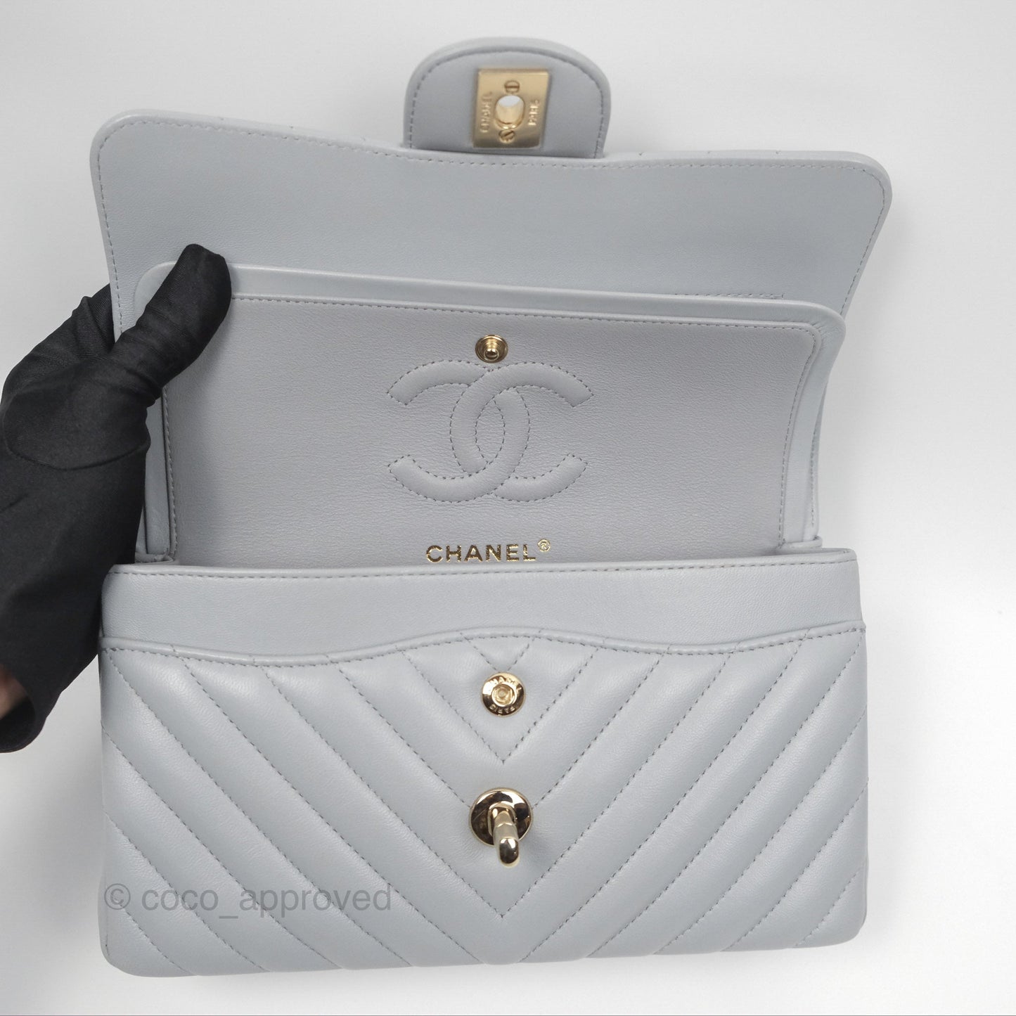 Chanel Small Classic Chevron Flap Grey Lambskin Gold Hardware