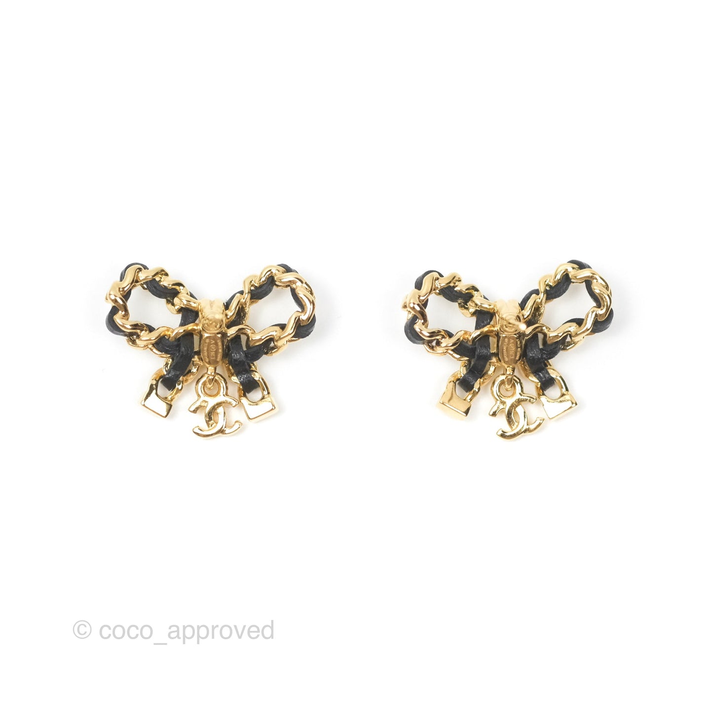 Chanel Woven Ribbon Bow Black Earrings Gold Tone 24V