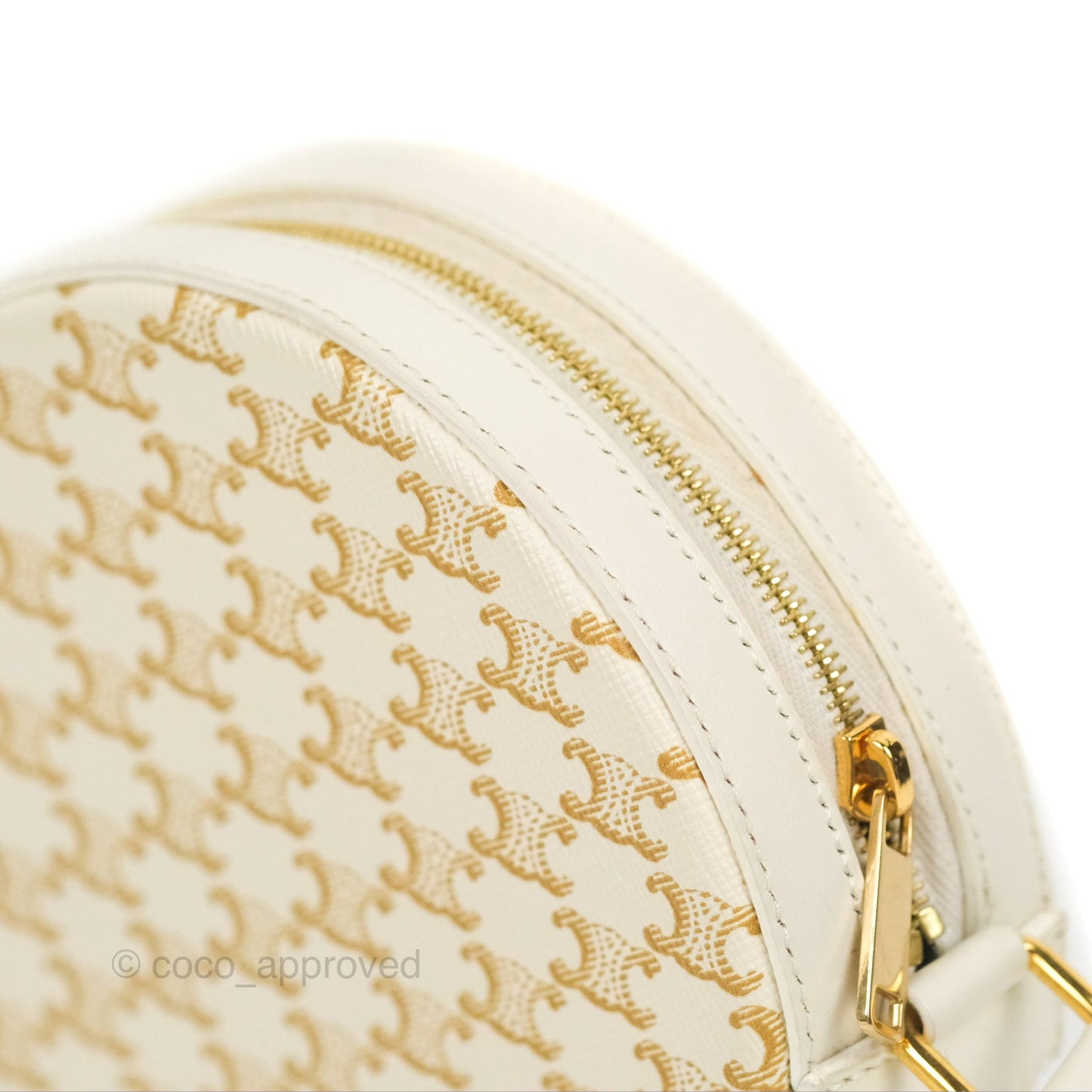 Celine Round Purse on Strap Triomphe Canvas White Calfskin