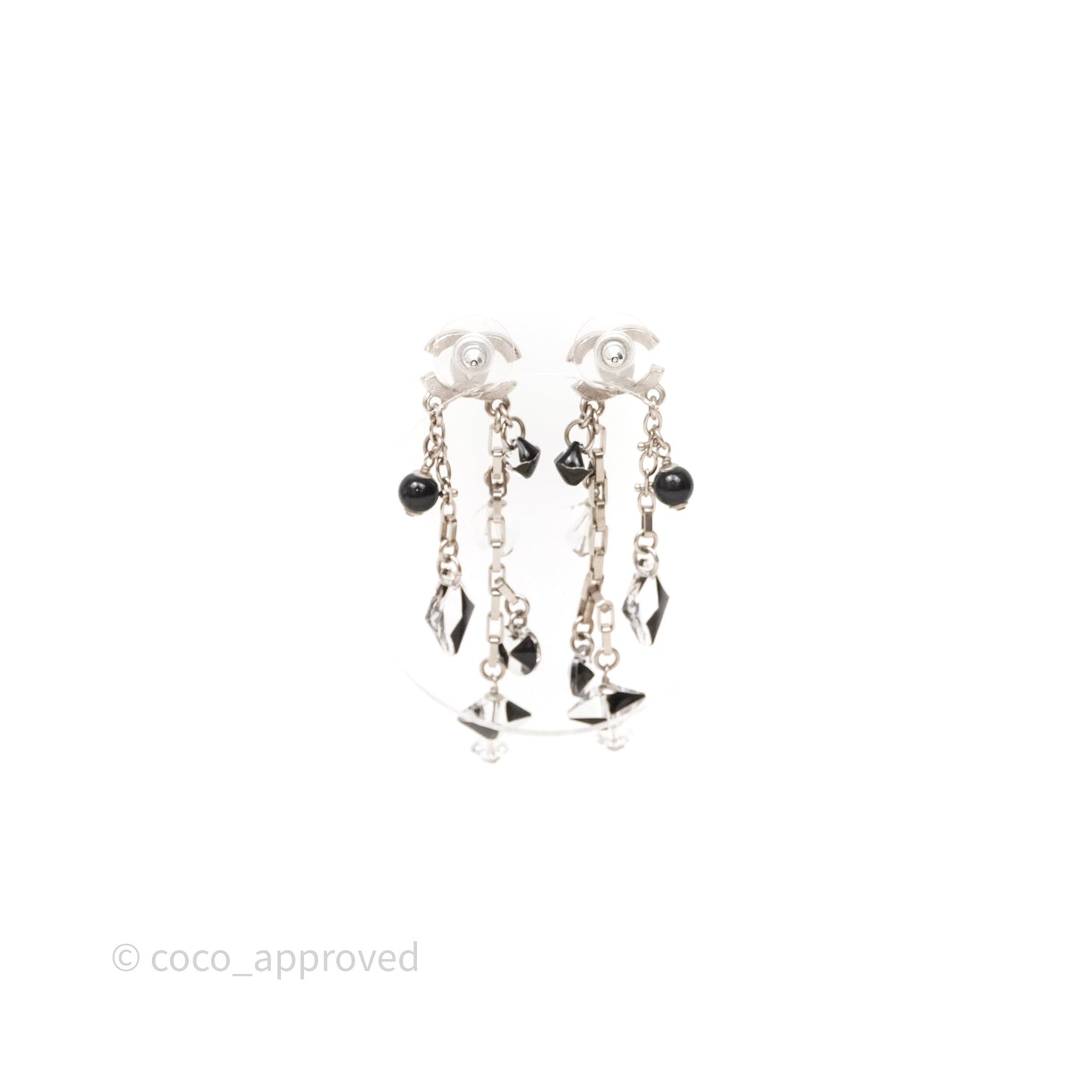Chanel CC Black Resin Crystals Drop Earrings Silver Tone 19B
