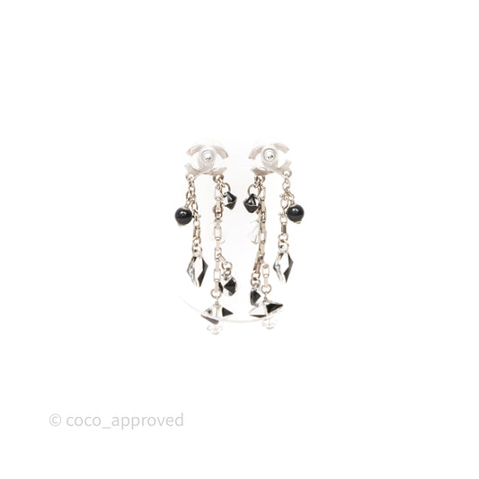 Chanel CC Black Resin Crystals Drop Earrings Silver Tone 19B