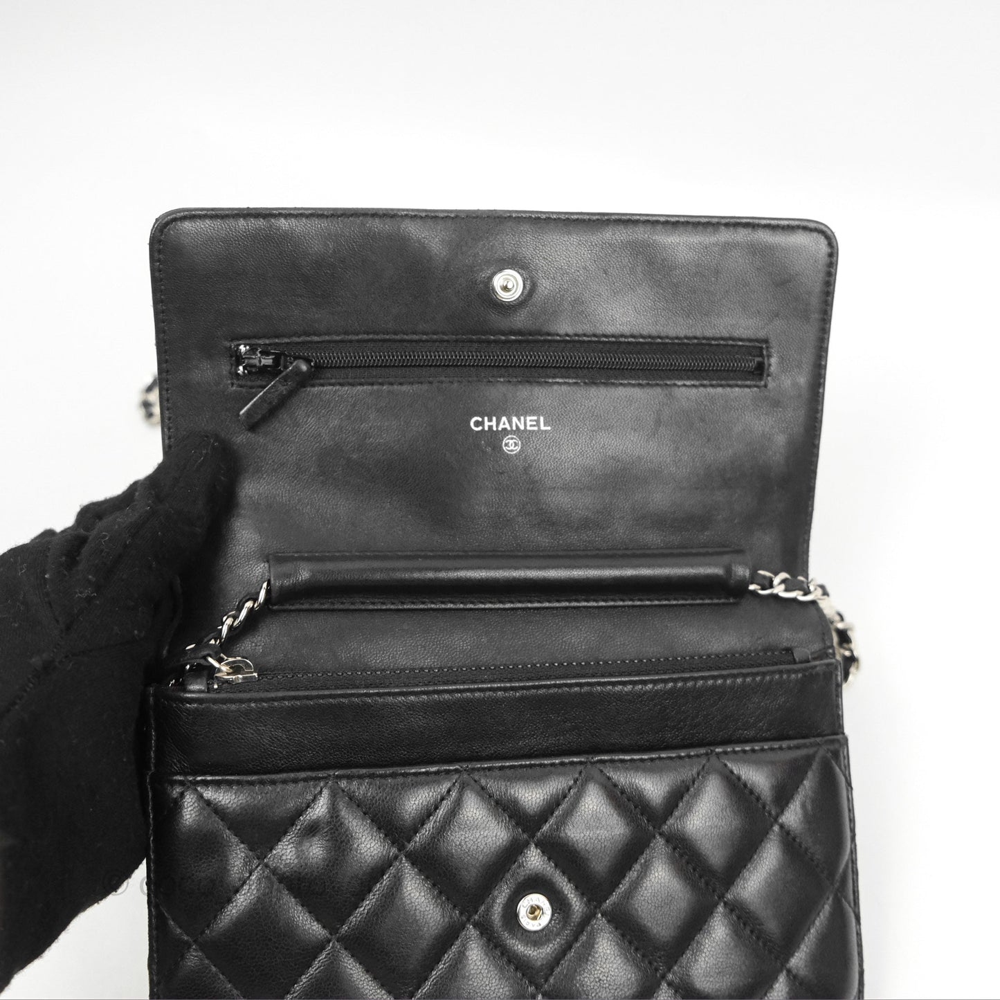 Chanel Quilted Classic Wallet On Chain WOC Black Lambskin Silver Hardware
