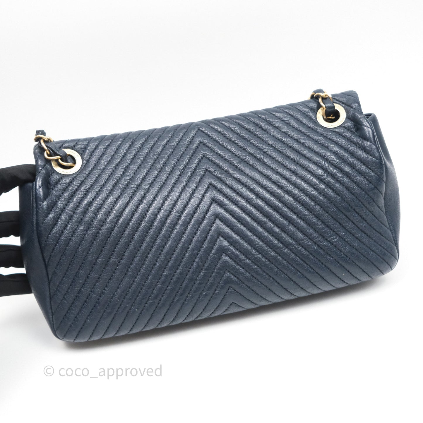 Chanel Medium Chevron Surpique Flap Navy Calfskin Aged Gold Hardware