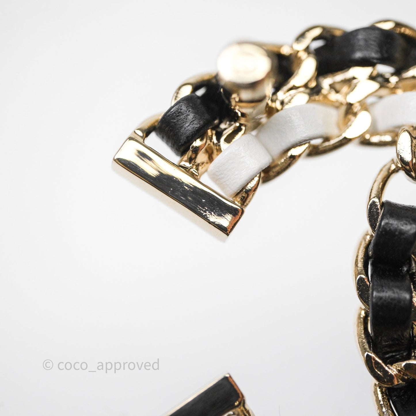 Chanel CC Braided Leather Black & White Brooch Gold Tone 22A