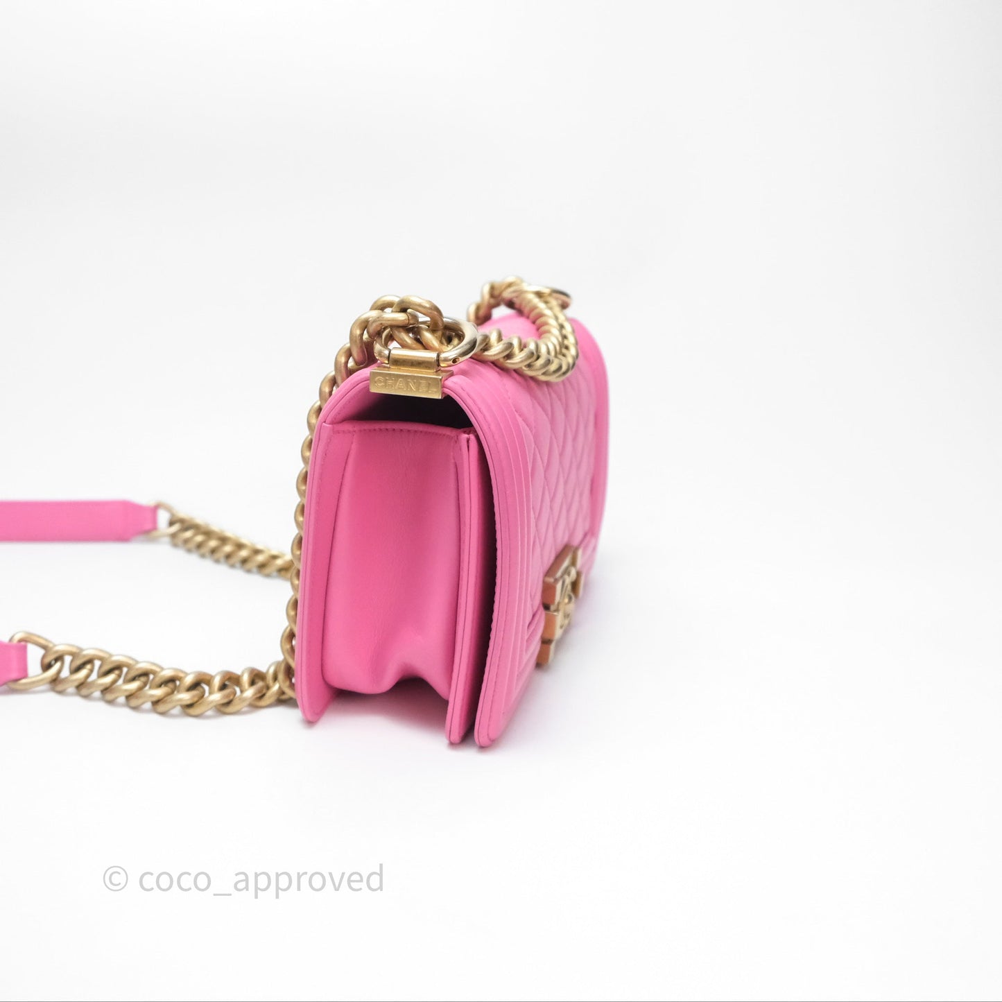 Chanel Small Boy Pink Calfskin Aged Gold Hardware