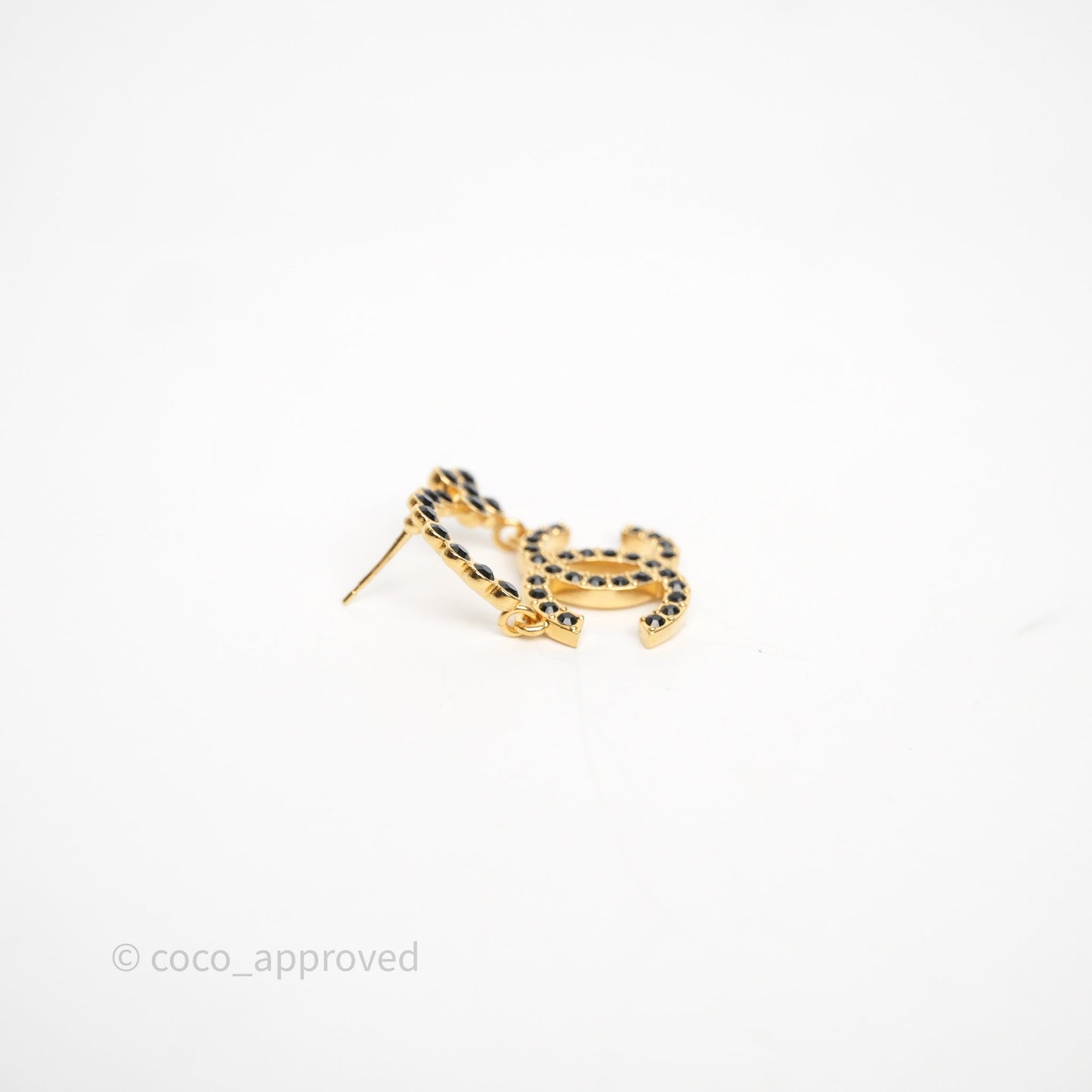 Chanel Black Crystal CC Floral Earrings Gold Tone 23A