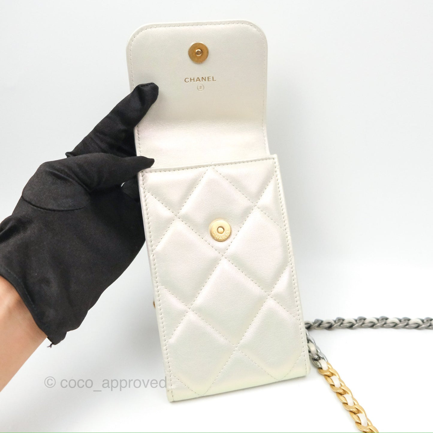 Chanel 19 Phone Holder Iridescent Ivory Mixed Hardware