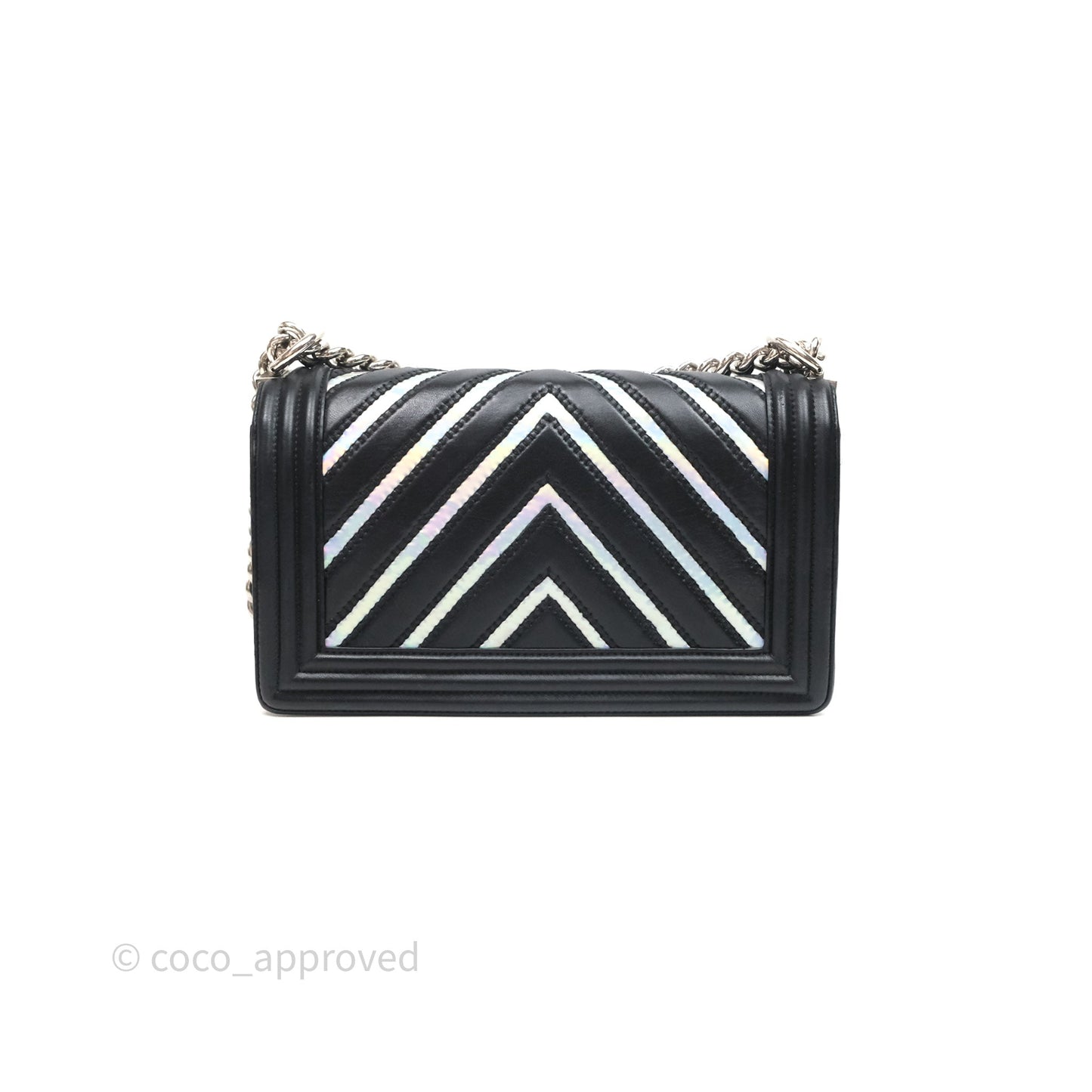 Chanel Medium Boy Chevron Iridescent PVC Lambskin Black Silver Hardware