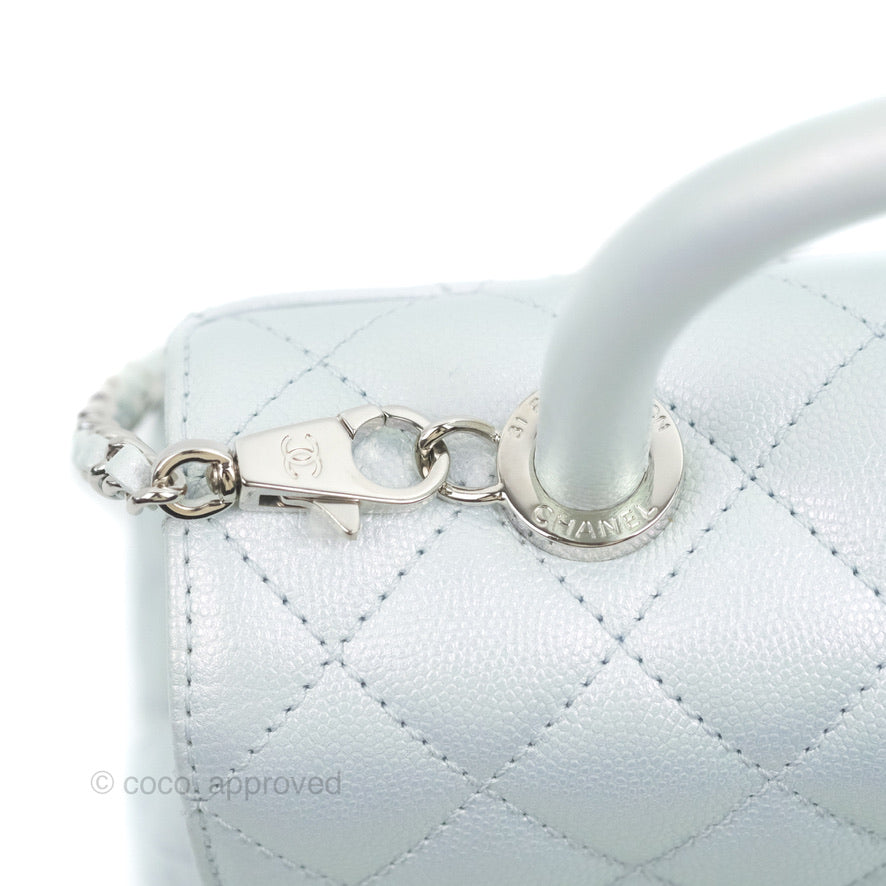 Chanel Small Coco Handle Quilted Iridescent Light Blue Caviar Rainbow Hardware