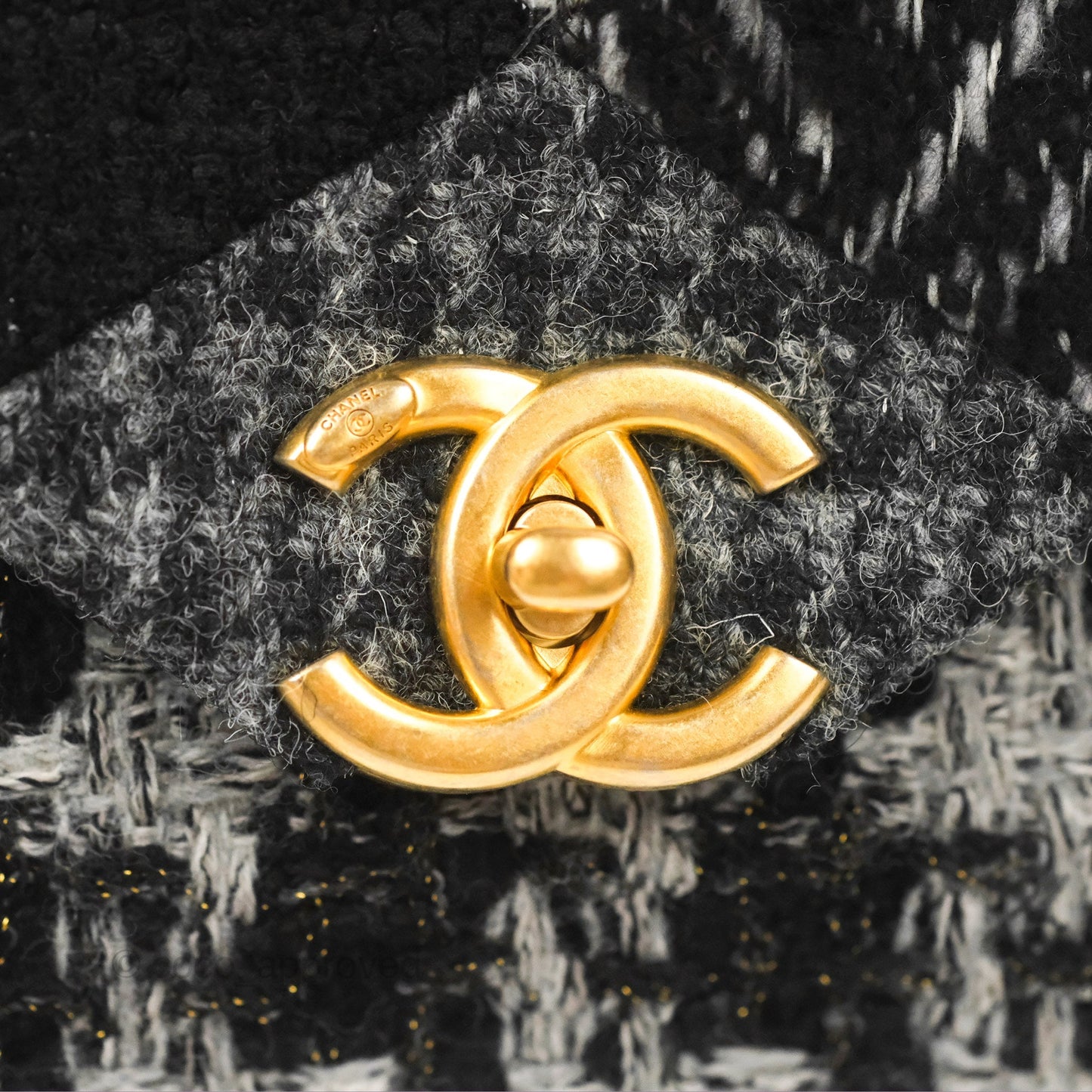 Chanel Medium Single Flap Black Tweed Aged Gold Hardware