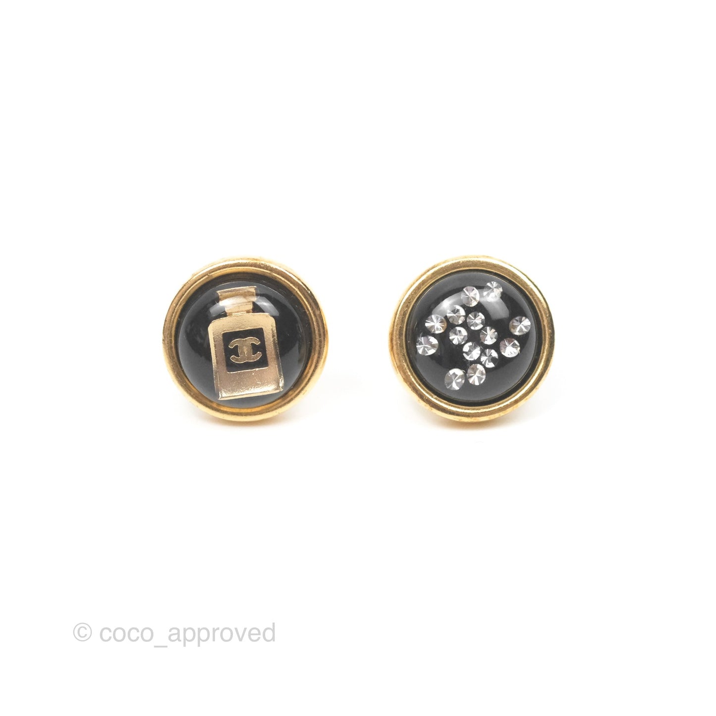 Chanel Round Black CC Perfume Bottle Earrings Gold Tone 20B