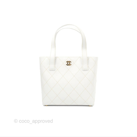 Chanel Vintage Quilted CC Tote Bag White Calfskin Gold Hardware