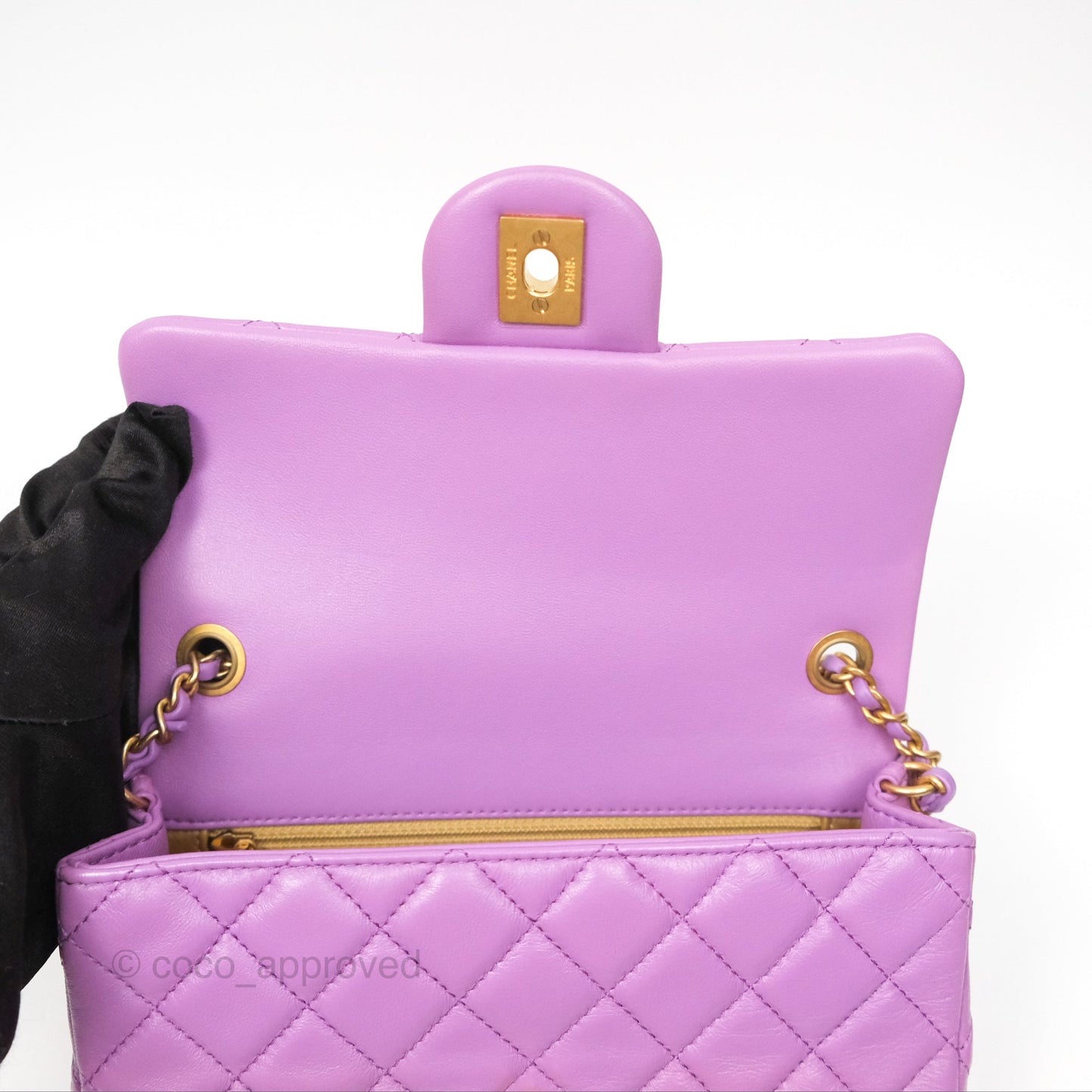 Chanel Mini Rectangular Pearl Crush Quilted Purple Lambskin Aged Gold Hardware