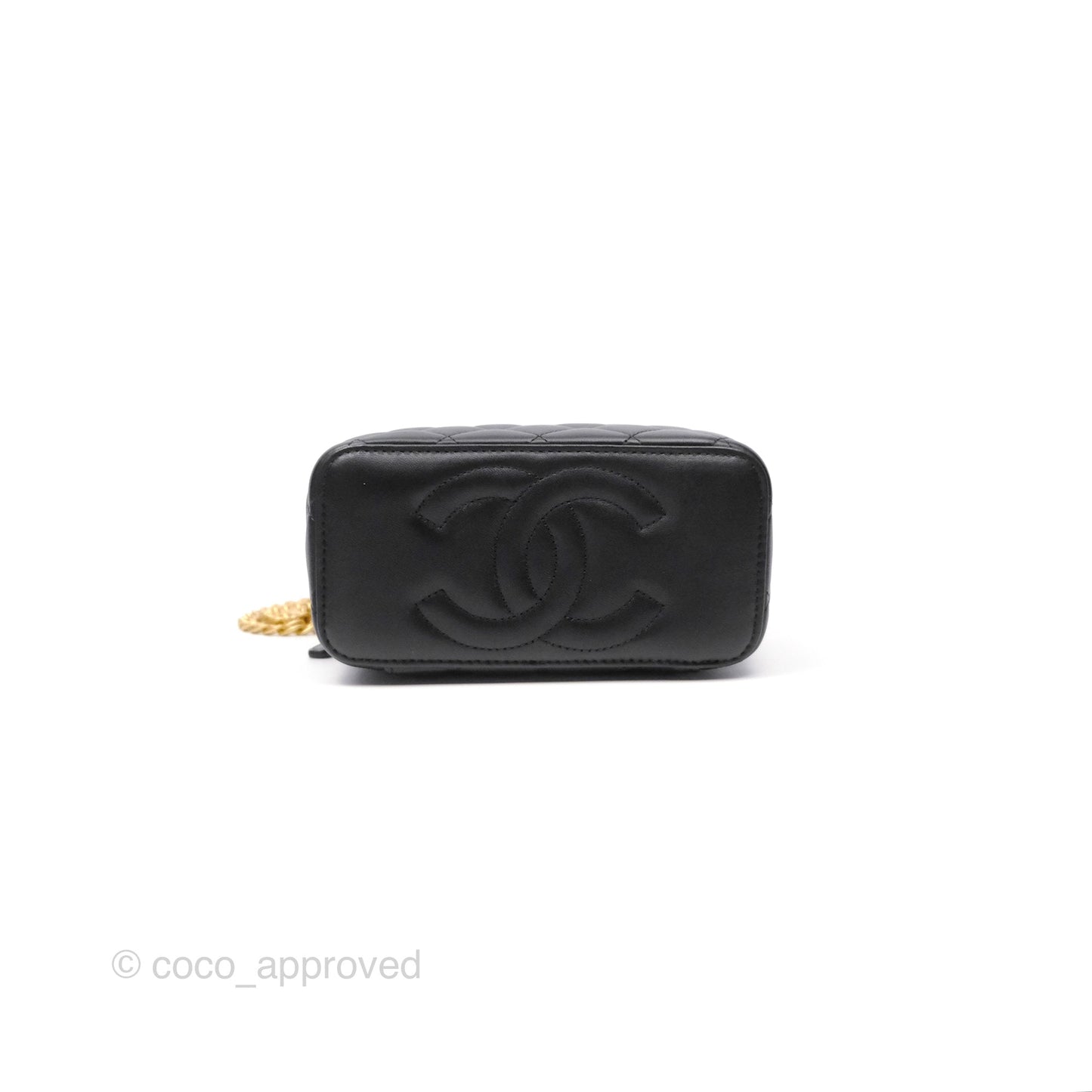 Chanel Quilted Vanity Rectangular with Camellia Adjustable Chain Black Lambskin 23S